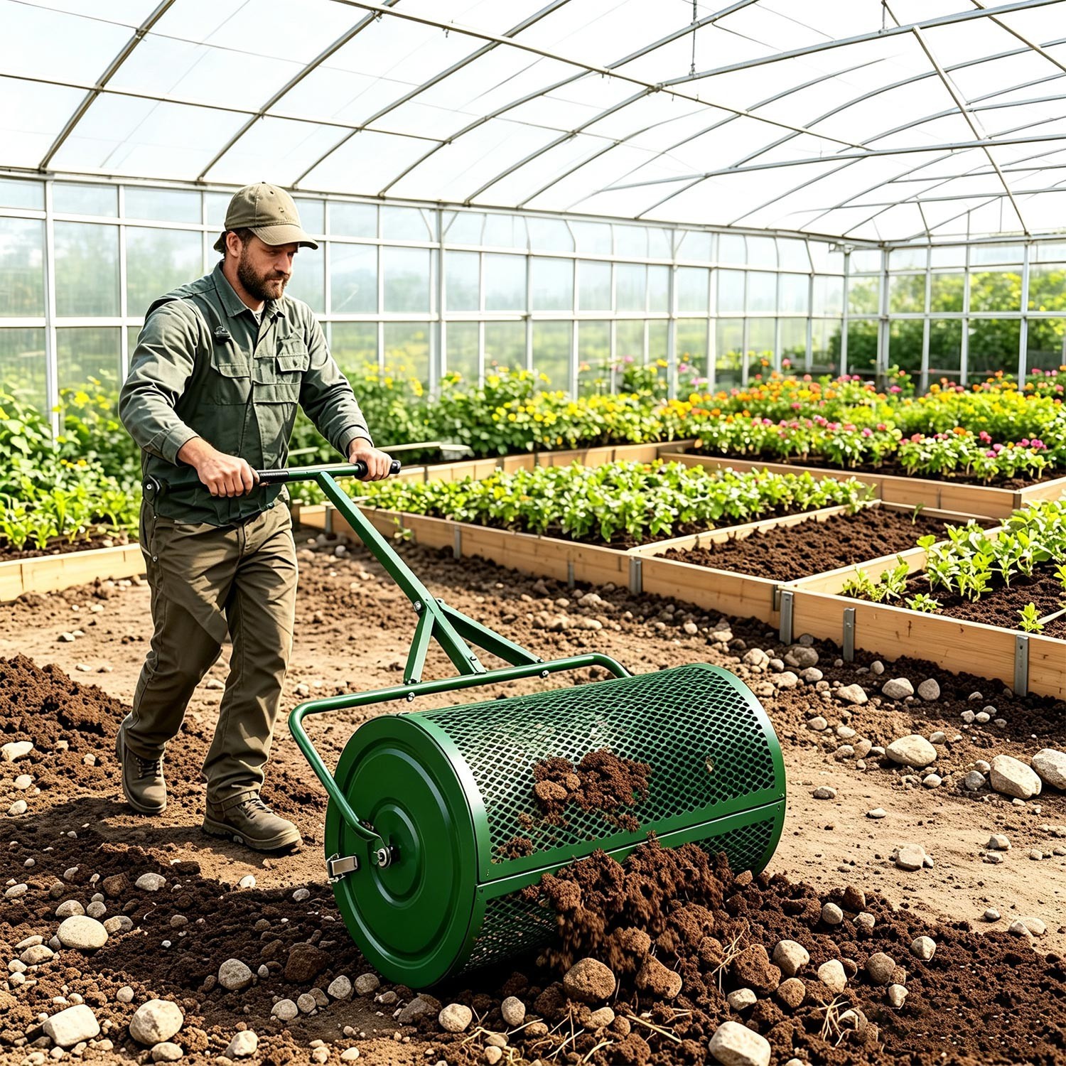 24" Peat Moss Spreader Heavy Duty Compost Roller Adjustable T Handle Lawn