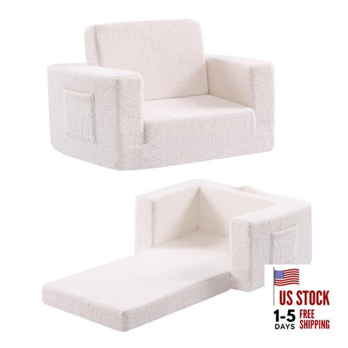 Toddler Chair Sherpa Kids Couch, 2-in-1 Soft Kids Armchair Lounger Sherpa Beige