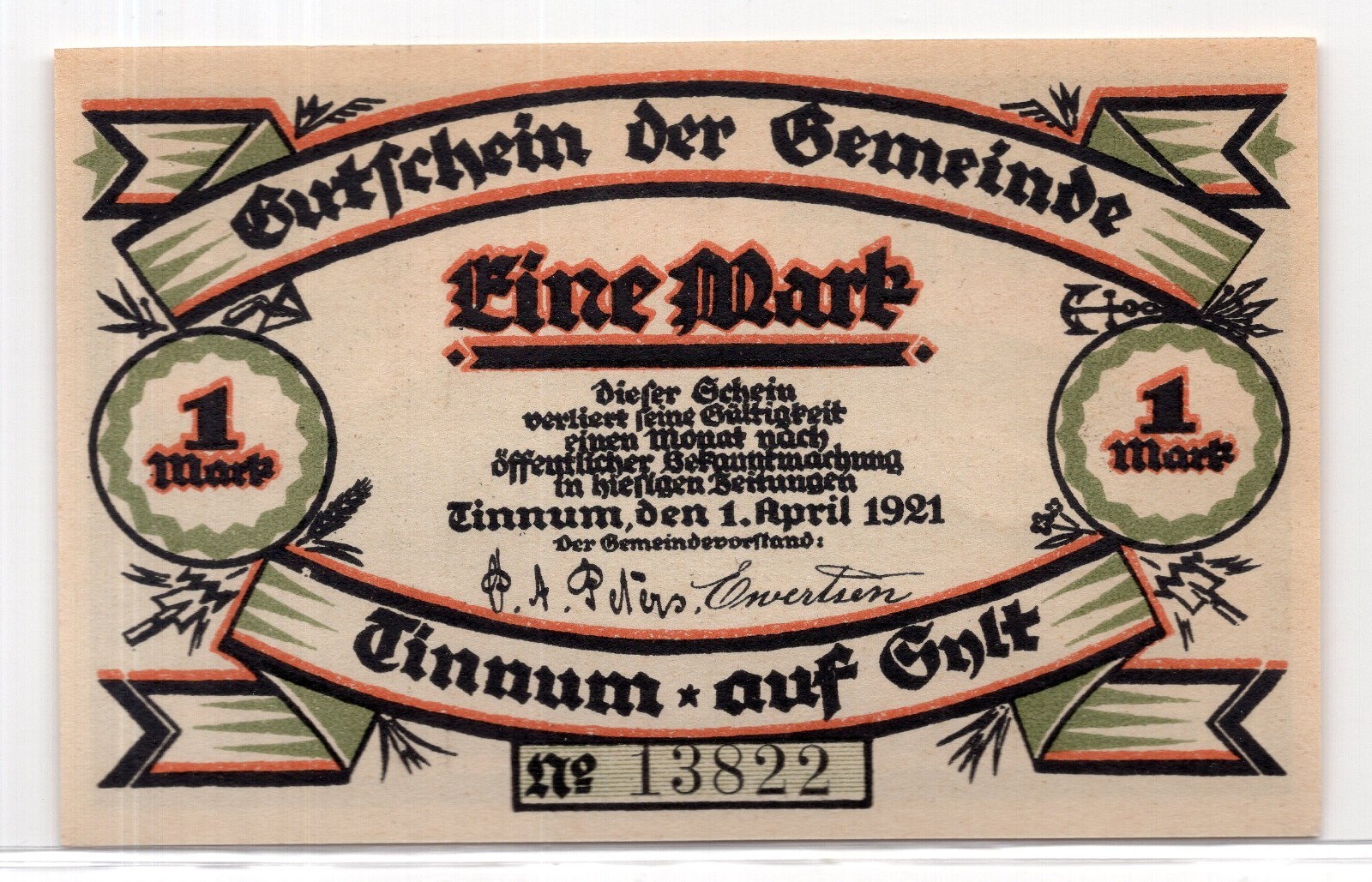 1921 Germany Tinnum Notgeld 1 Mark Note (3743)