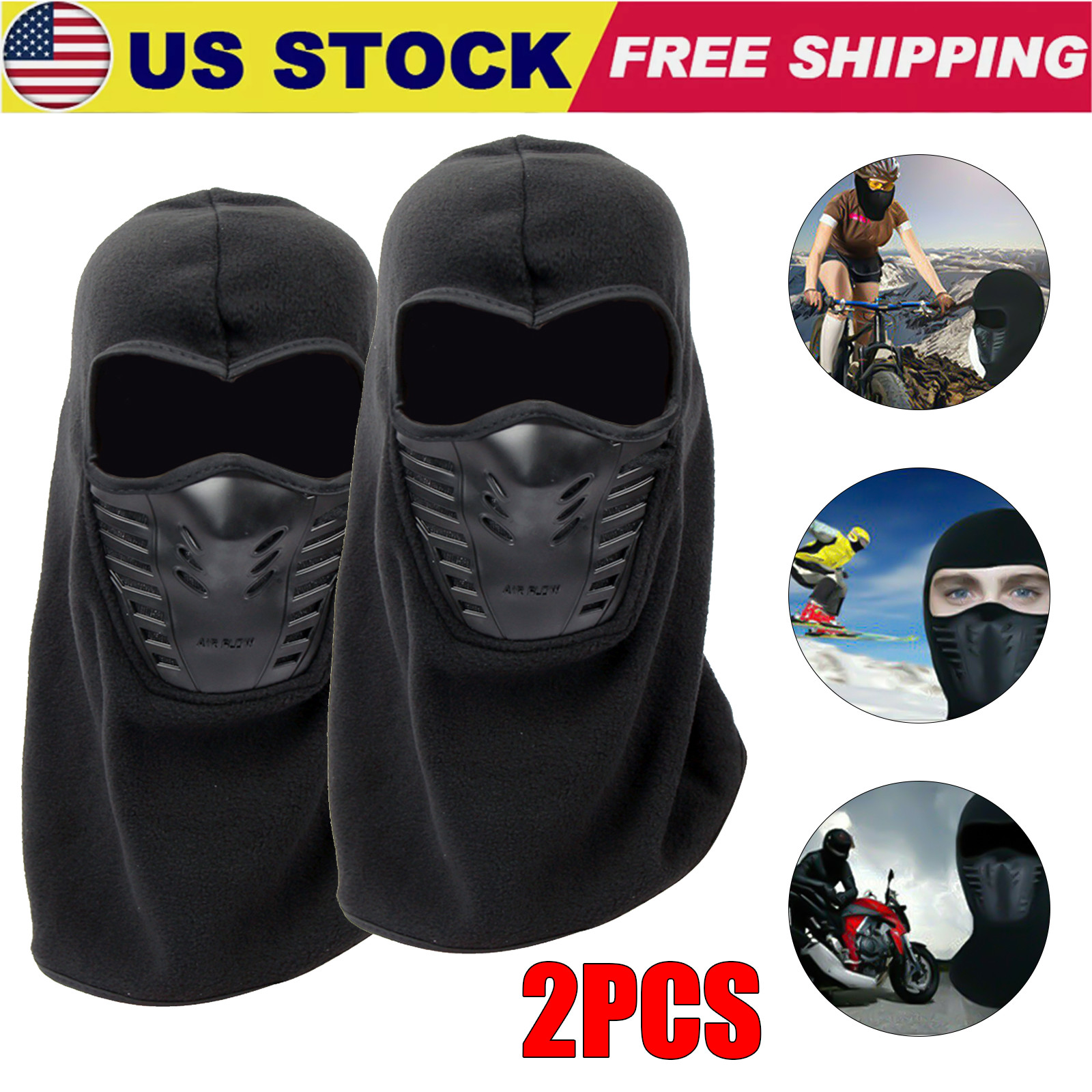 2PACK Balaclava Ski Full Face Mask Windproof Fleece Neck Warm For Cold Weather