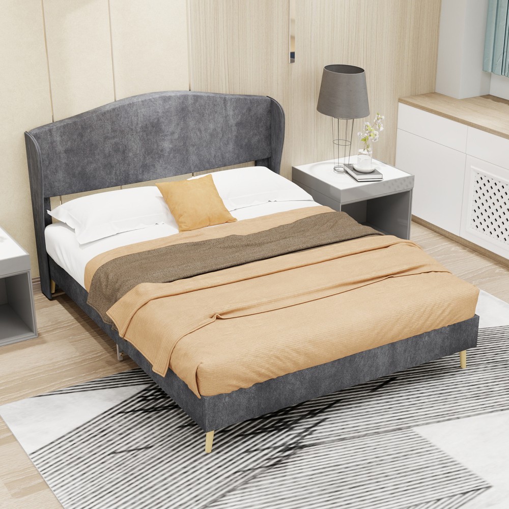 Platform Queen Bed Frame with Velvet Tufted Headboard, Supportive, Beige