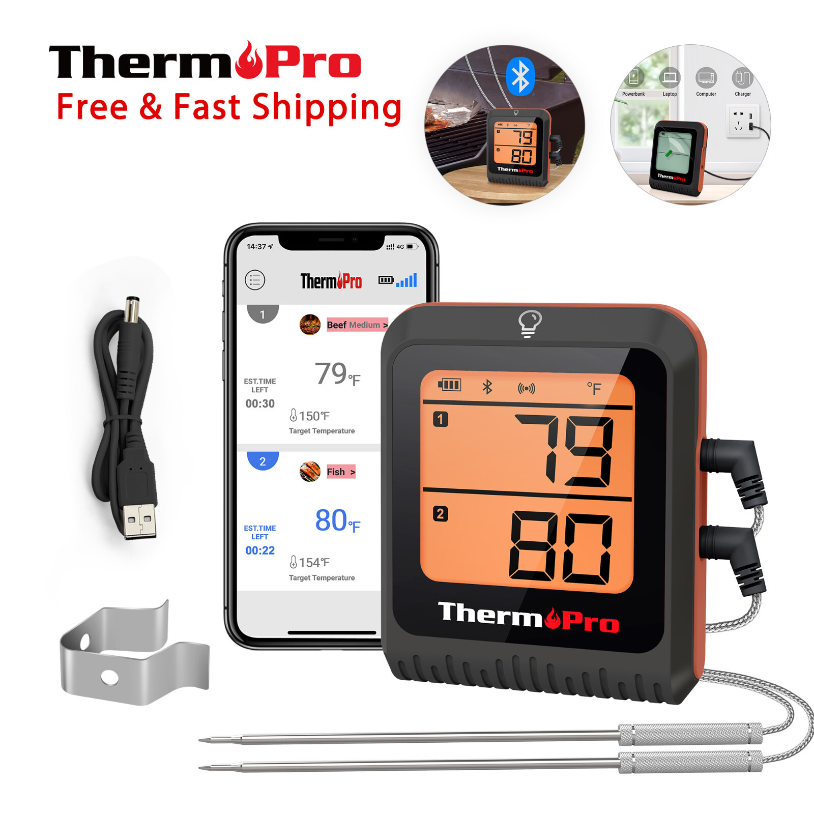 TempPro TP920W Bluetooth Meat Thermometer Wireless Grill 2 Probe RechargeableBBQ