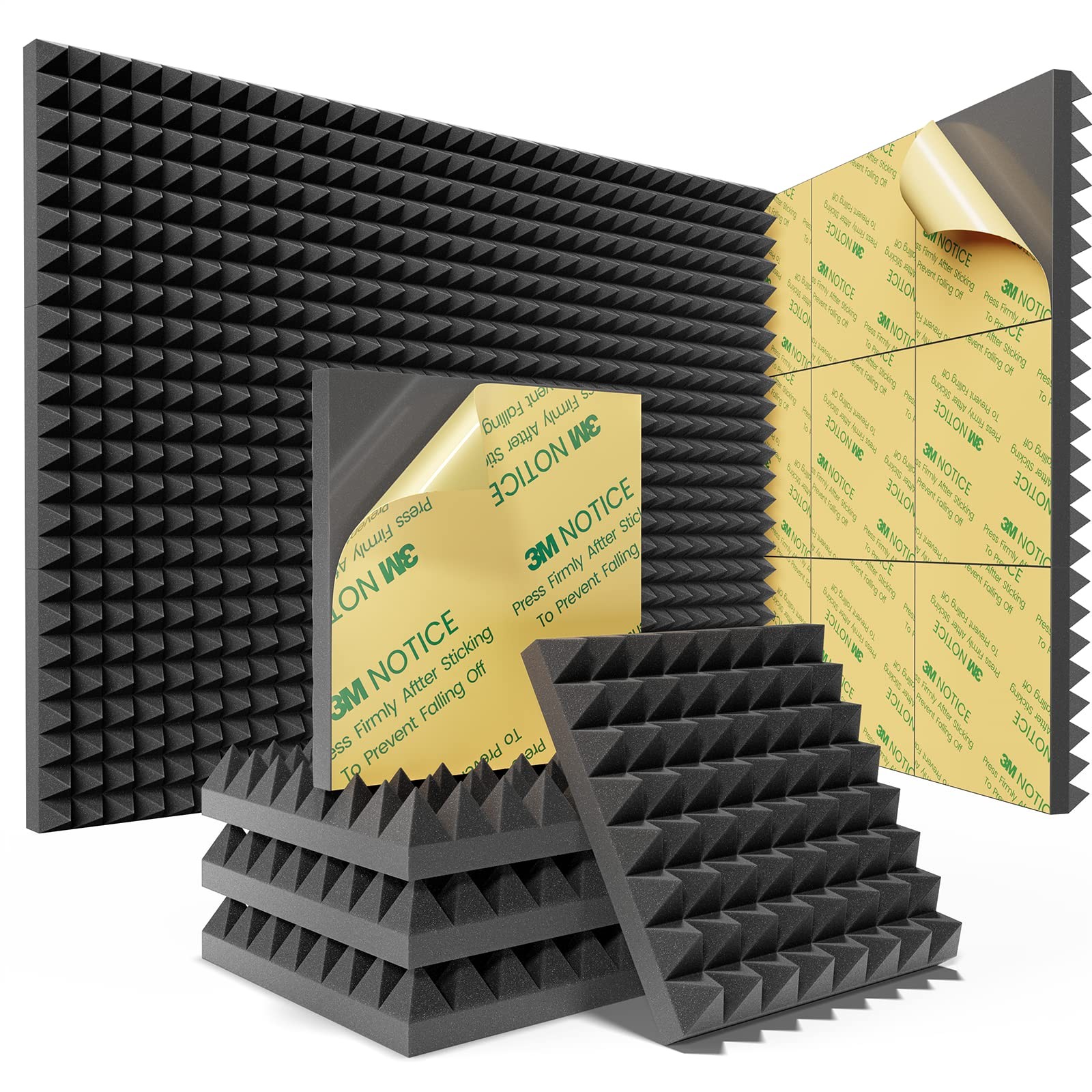 12 Pack Pyramid Sound Proof Foam Panels with Self-Adhesive, 12" X 12" X 2" Ac...