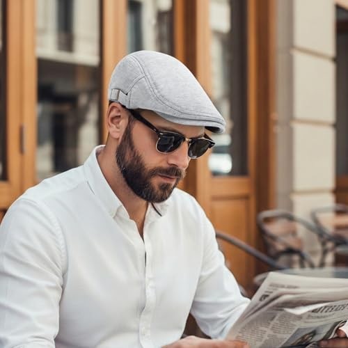 Men's Cotton Newsboy Cap Adjustable Soft Fit Flat Cap One Size Light Grey