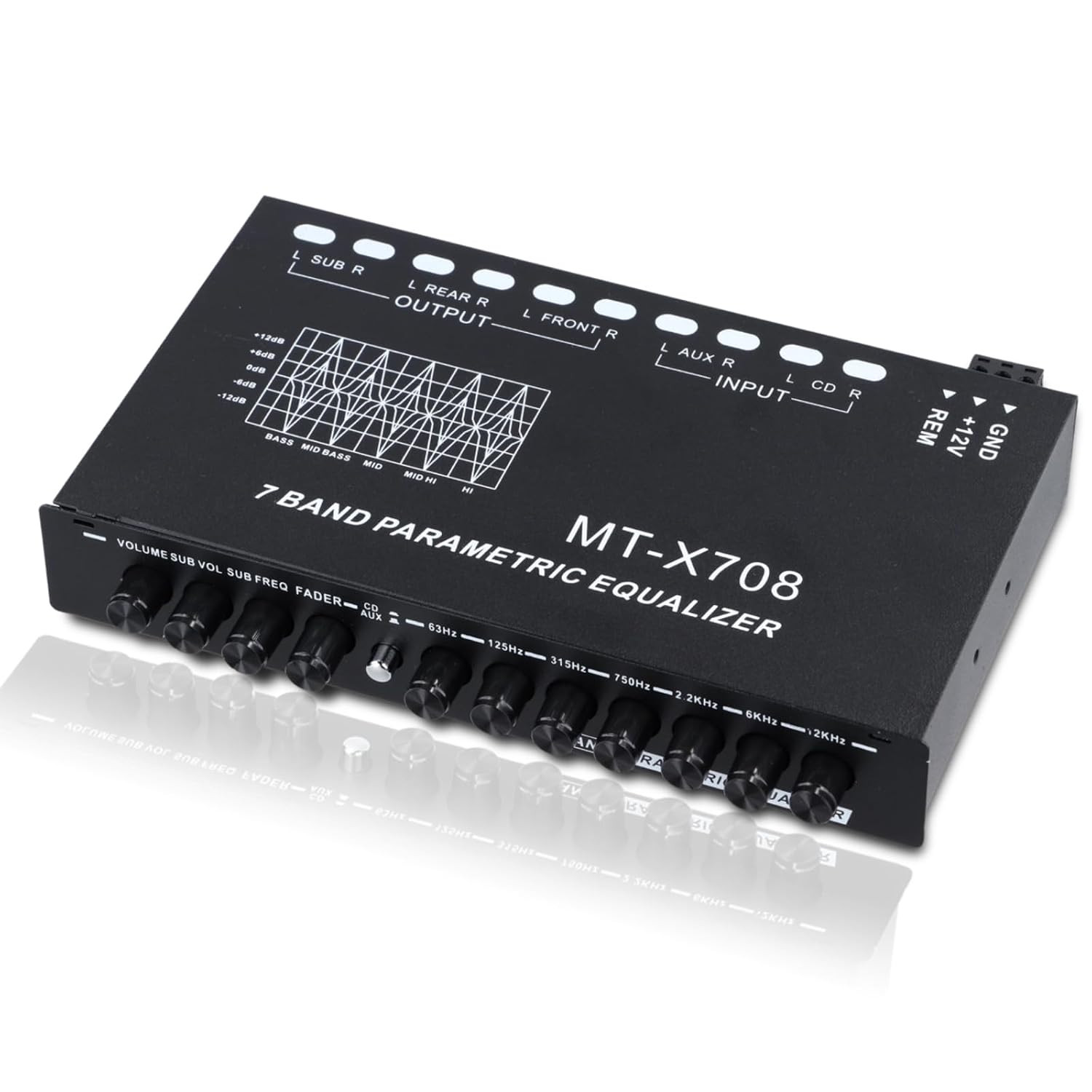 7-Band Car Audio Equalizer with Subwoofer Outputs and Adjustable Settings