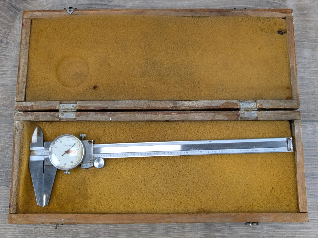 Vintage Dial Caliper Stainless Hardened w/ Wood Case