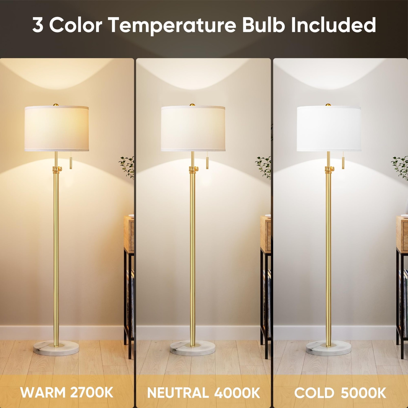 66'' Floor Lamp with Marble Base, Pull Chain, Bulb Included, White Shade