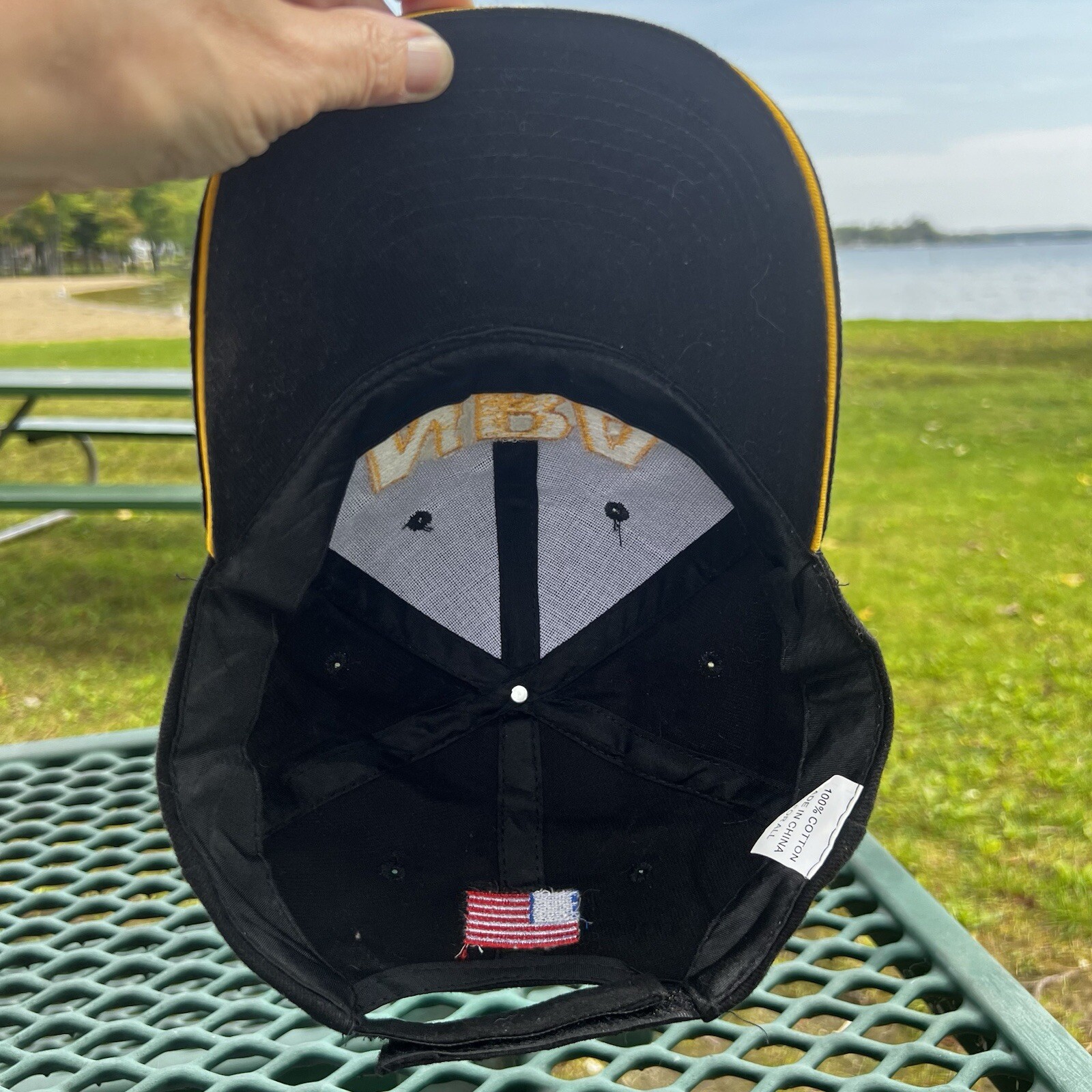 NRA Gold Letters on Black Hat Cap w Gold Bill Edge Hook Loop American Flag EUC