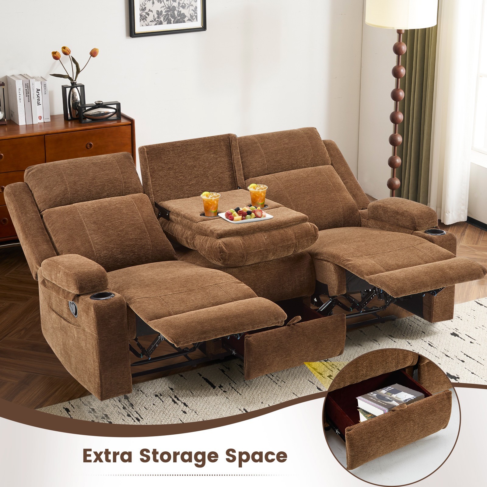 Chenille Reclining Sofa 3-Seater with Convertible Table, Storage Ottoman