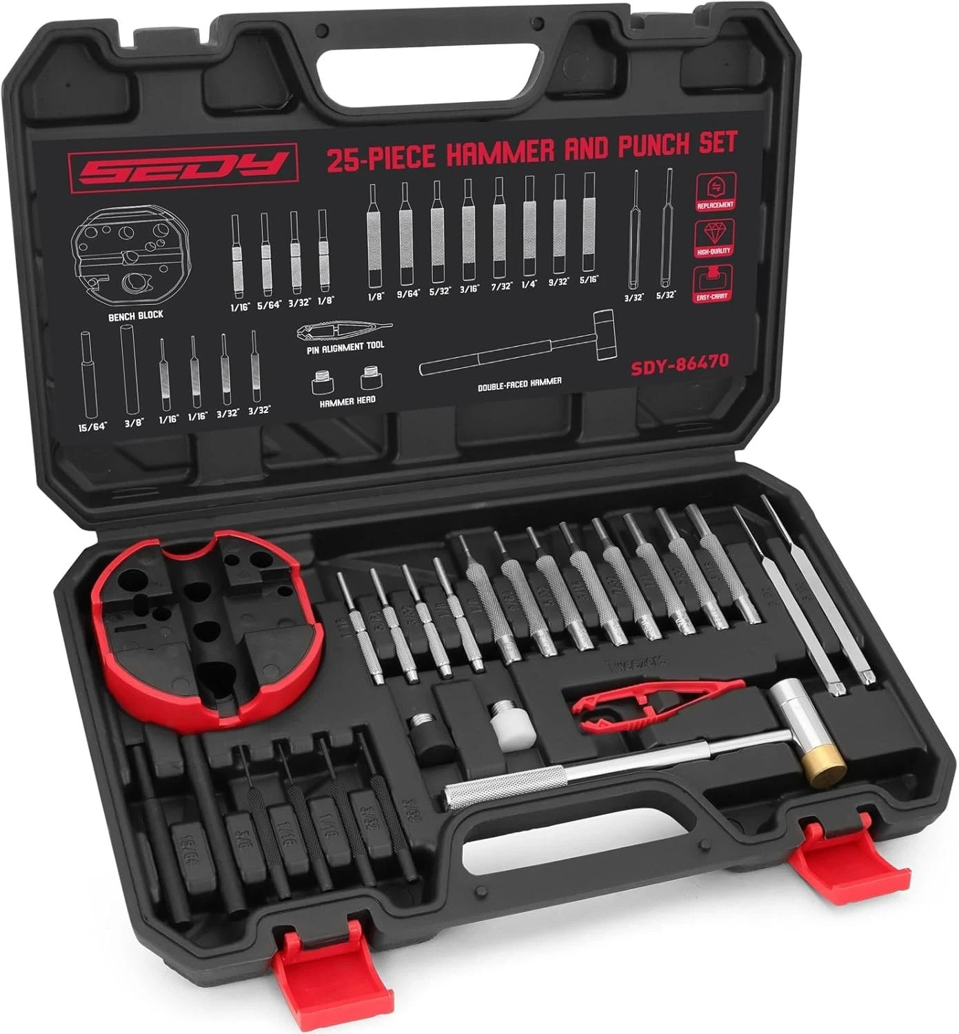 Pin Punch Hammer Set: 25-Piece Punch Set and Hammer with Bench Block, Steel