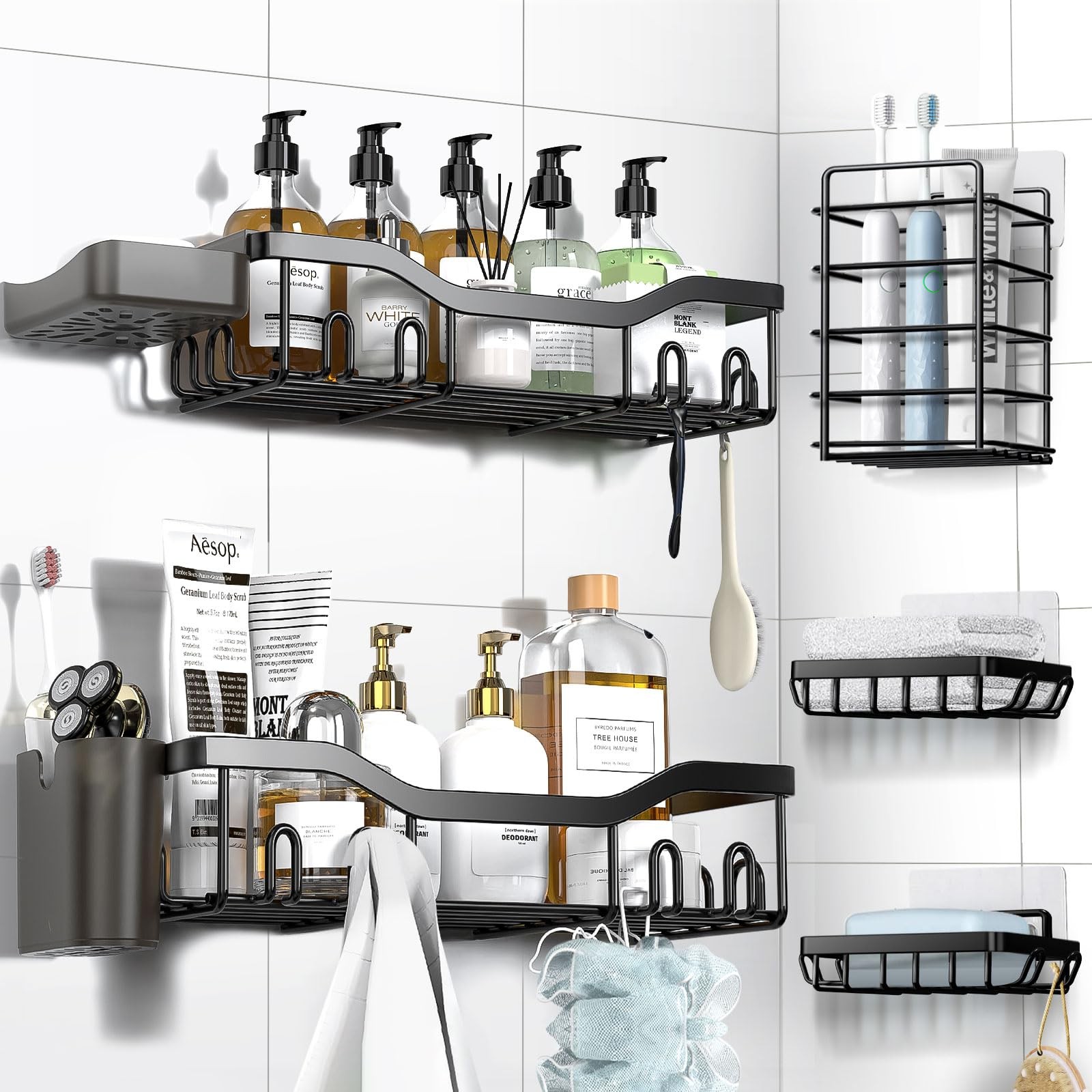 NESOMI Shower Caddy Adhesive Organizer 7-Pack, 12.6"x5.3"x2.3", Black