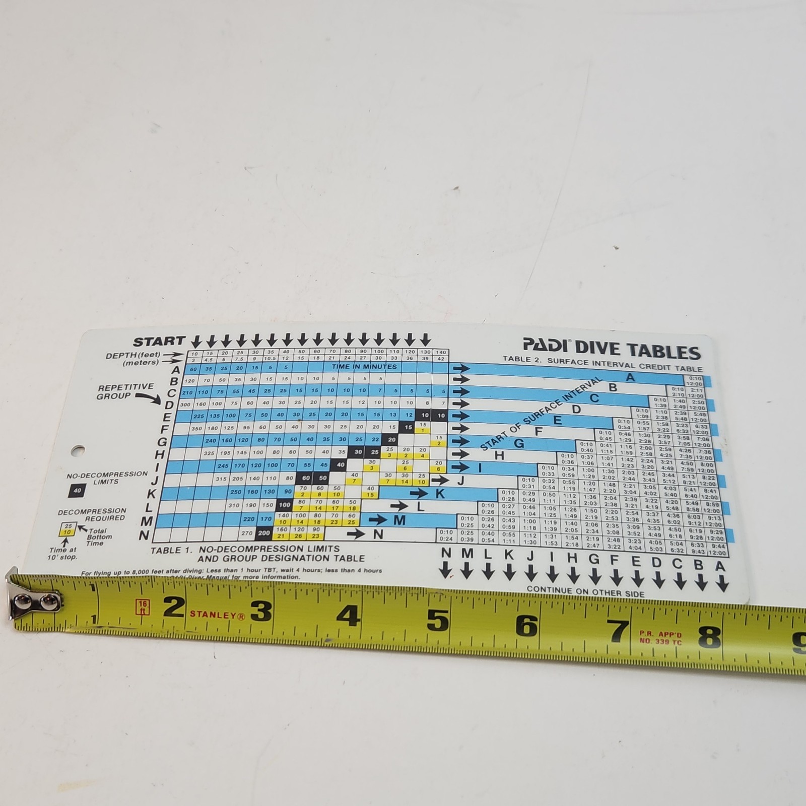 PADI DIVE TABLES Chart - 1983 Plastic Waterproof Laminated