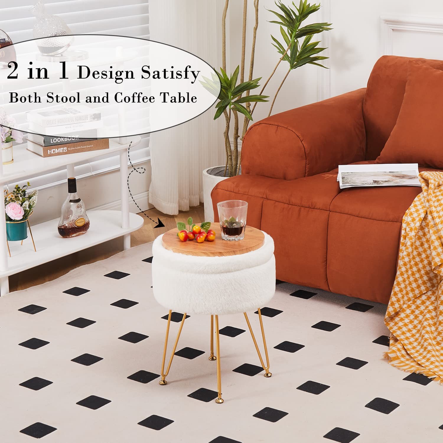 Footrest Footstools Round Faux Fur Ottoman with Storage Space Soft Vanity Cha...