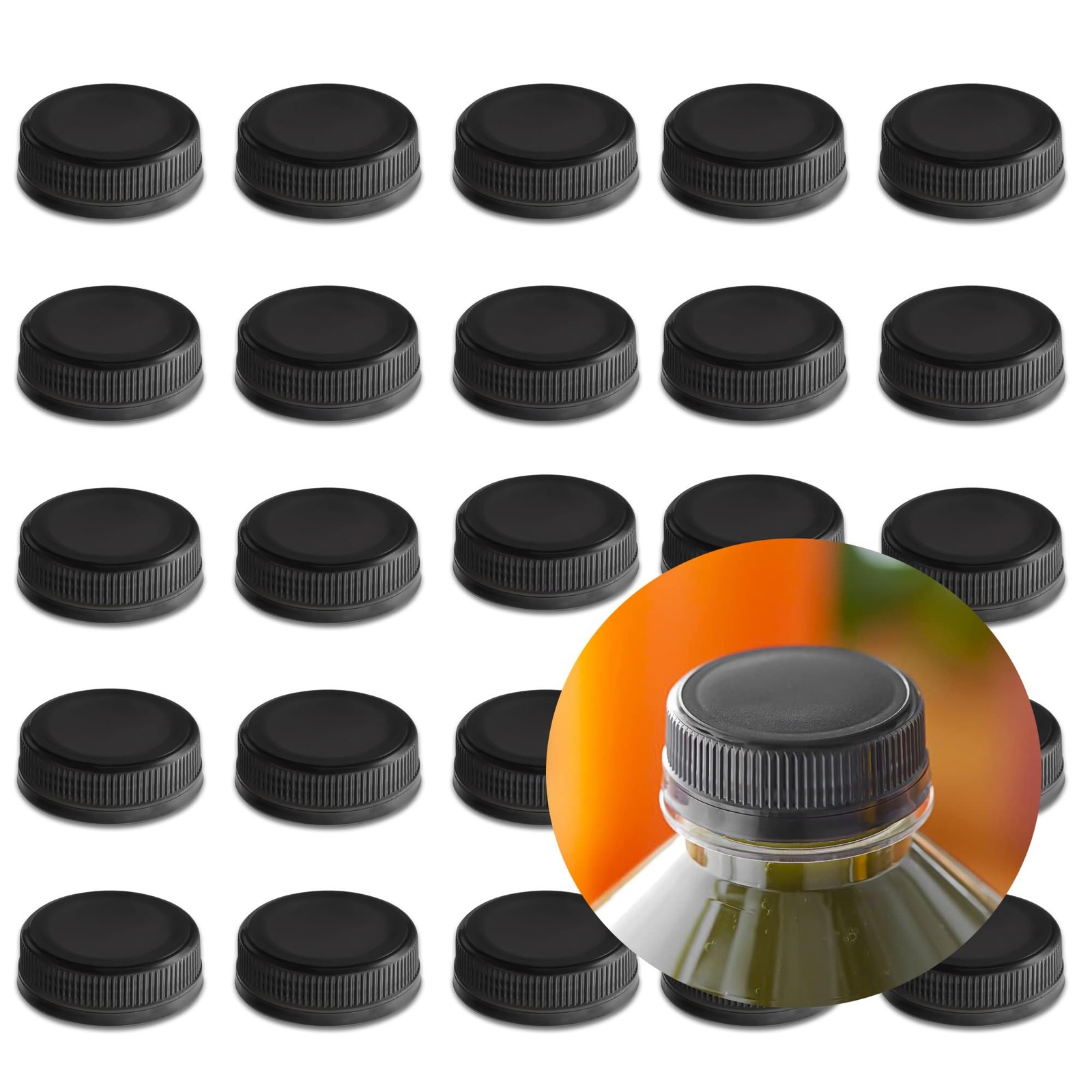 Pack of 25 Black Bottle Caps Tamper Seal Lids 1.5'' Cap for Bottle 38 mm Blac...