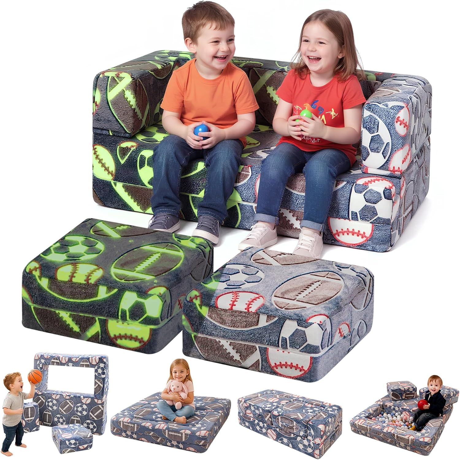 Glow in the Dark Modular Kids Play Couch - Convertible Foam Sofa for Playroom