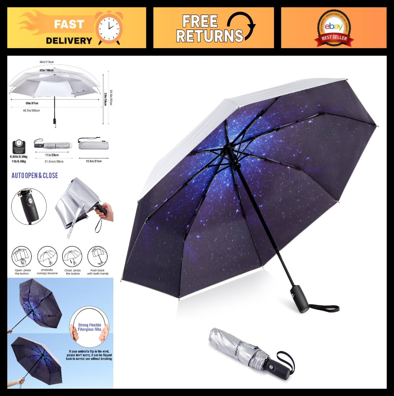 UPF 50+ UV Protection Travel Umbrella - Auto Open Close, Windproof, Compact, Lig