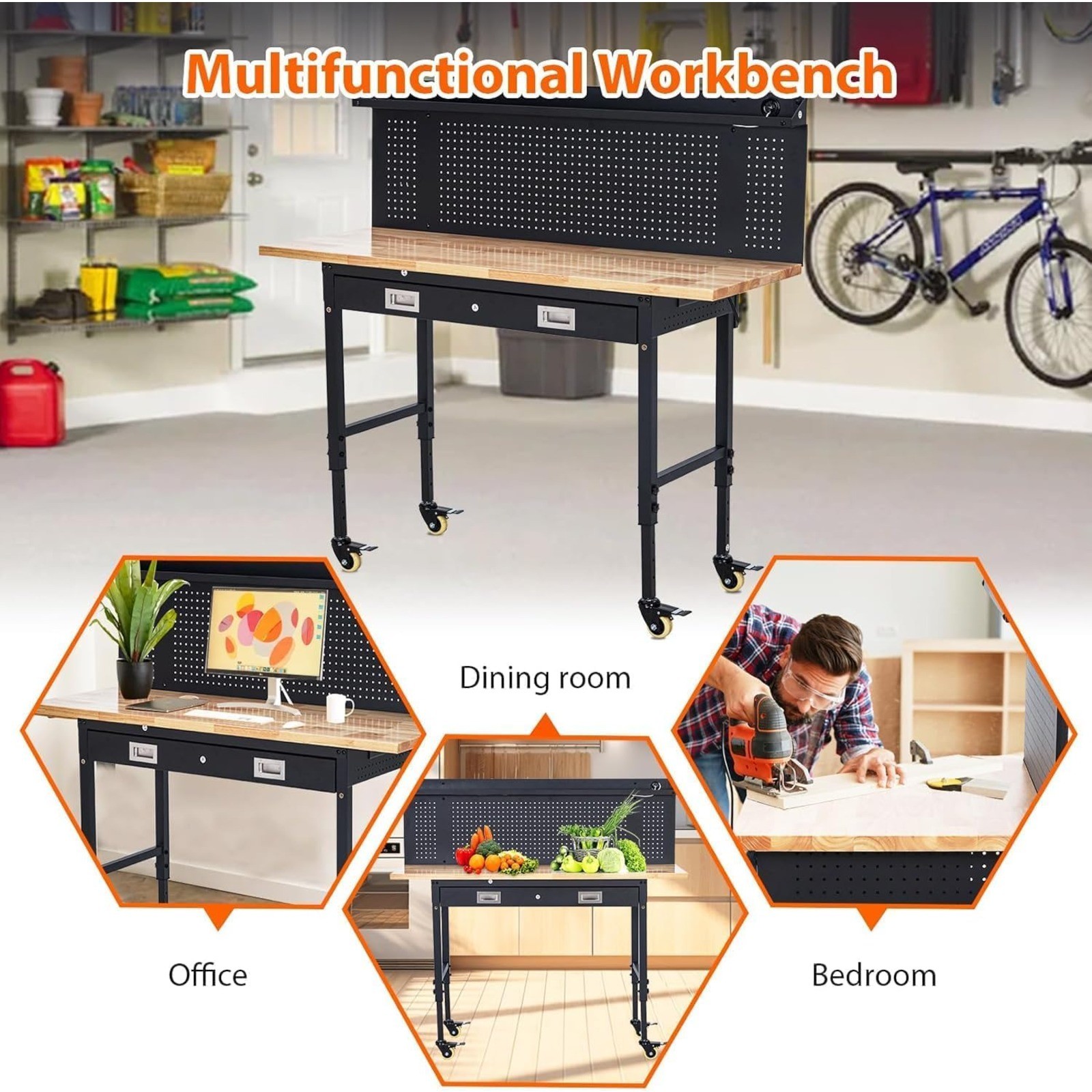 60x22 Adjustable Workbench Heavy Duty Rubberwood Top 2000 Lb Capacity