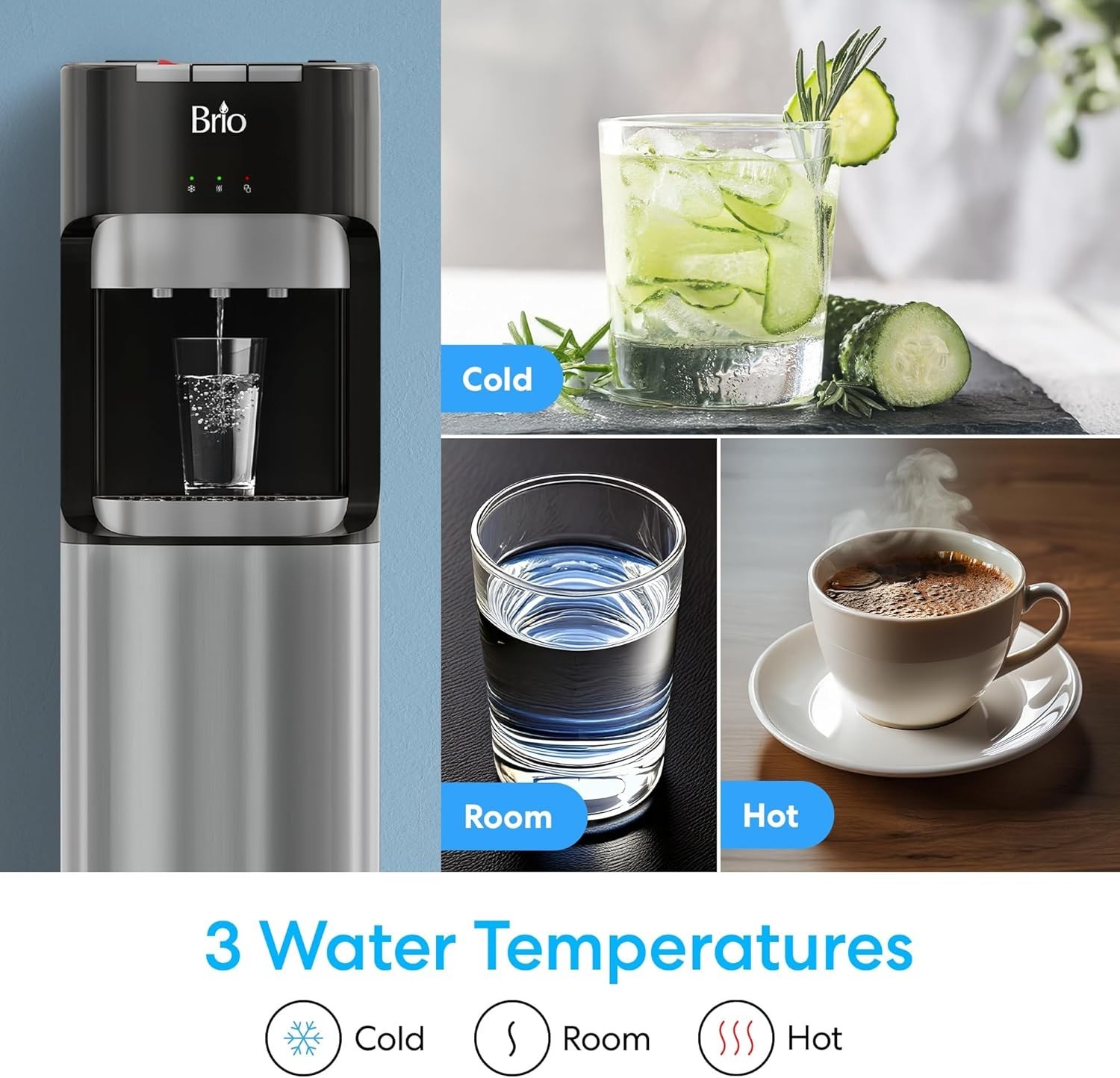 Bottom Loading Water Cooler Dispenser for 5 Gallon Bottles - 3 Temperatures w...