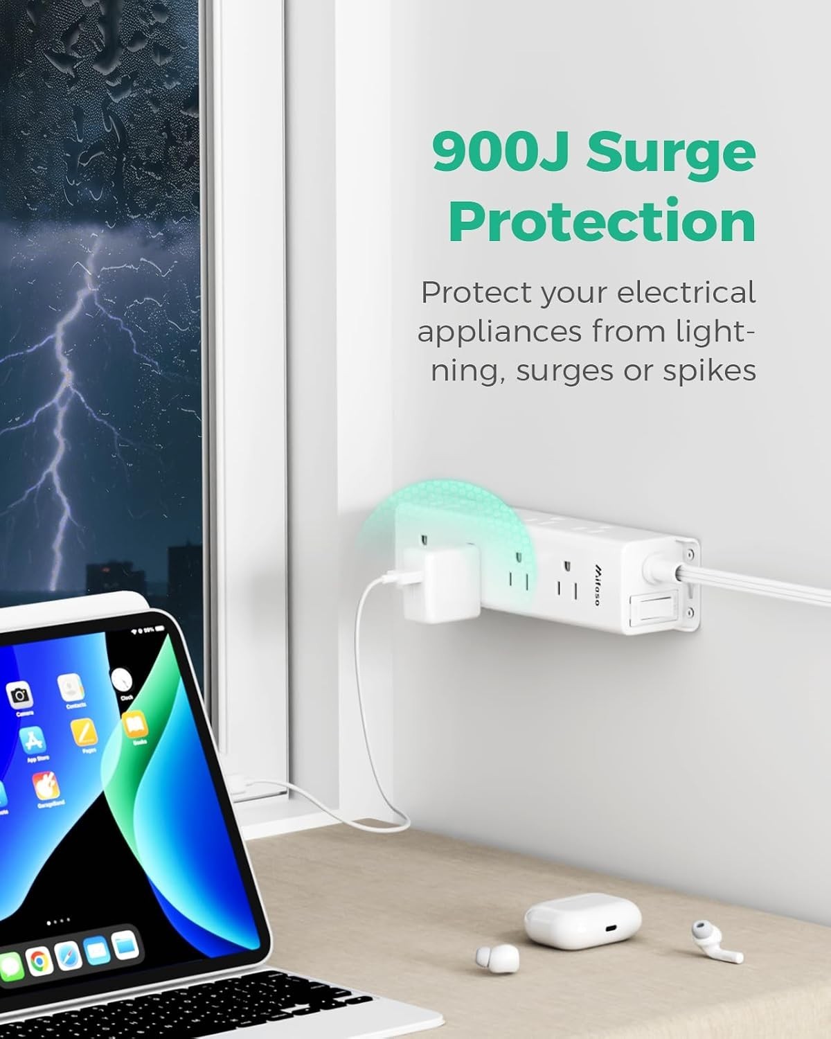 Compact 12-Outlet Surge Protector Power Strip with Flat Plug & Easy Wall Mount