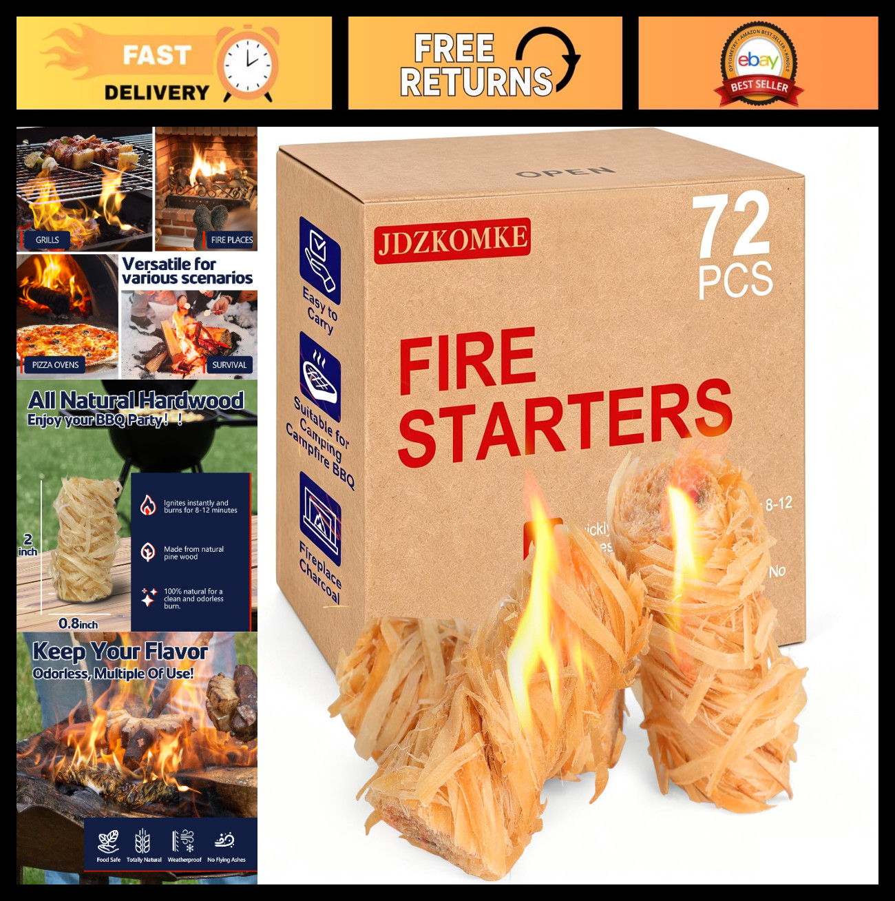 72Pcs Extra Long Natural Fire Starters - Waterproof, Odorless for BBQ, Grill, Ca