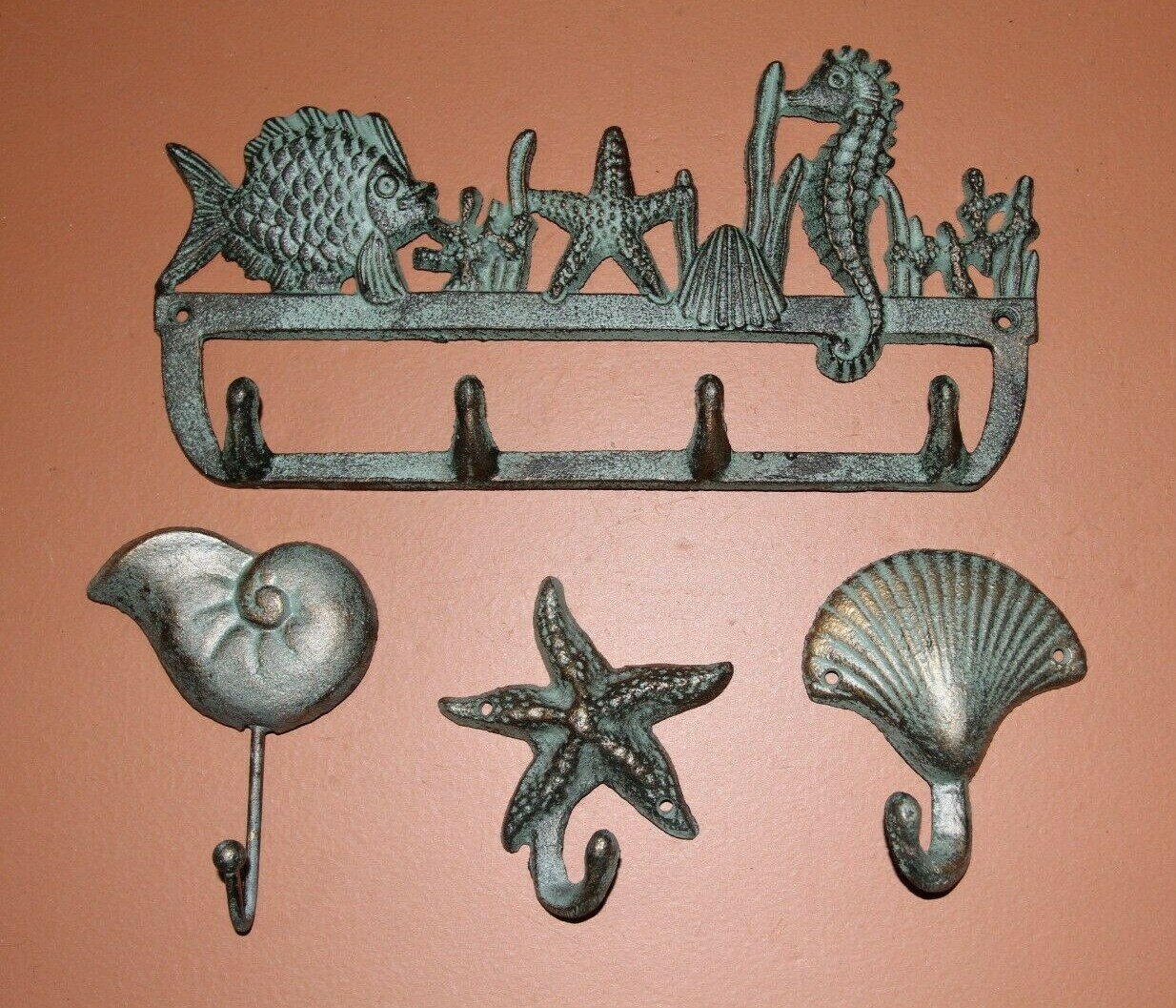 Ocean Inspired Bathroom Towel Bar Rack / Hooks Cast Iron, Beach Style 4 pcs