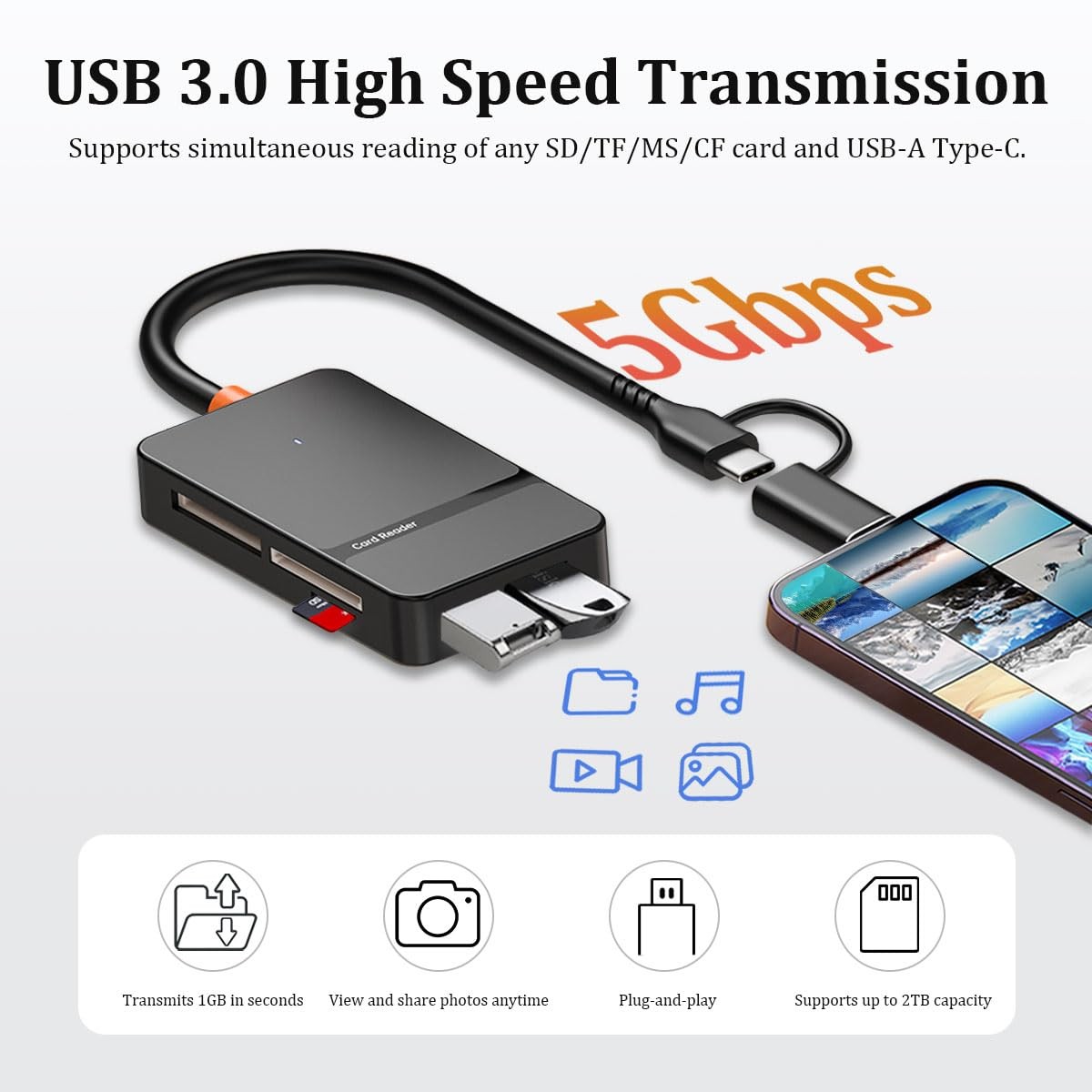 6-in-1 Multi Memory Card Reader USB-C and Lighting,SD 6-in-1, Black