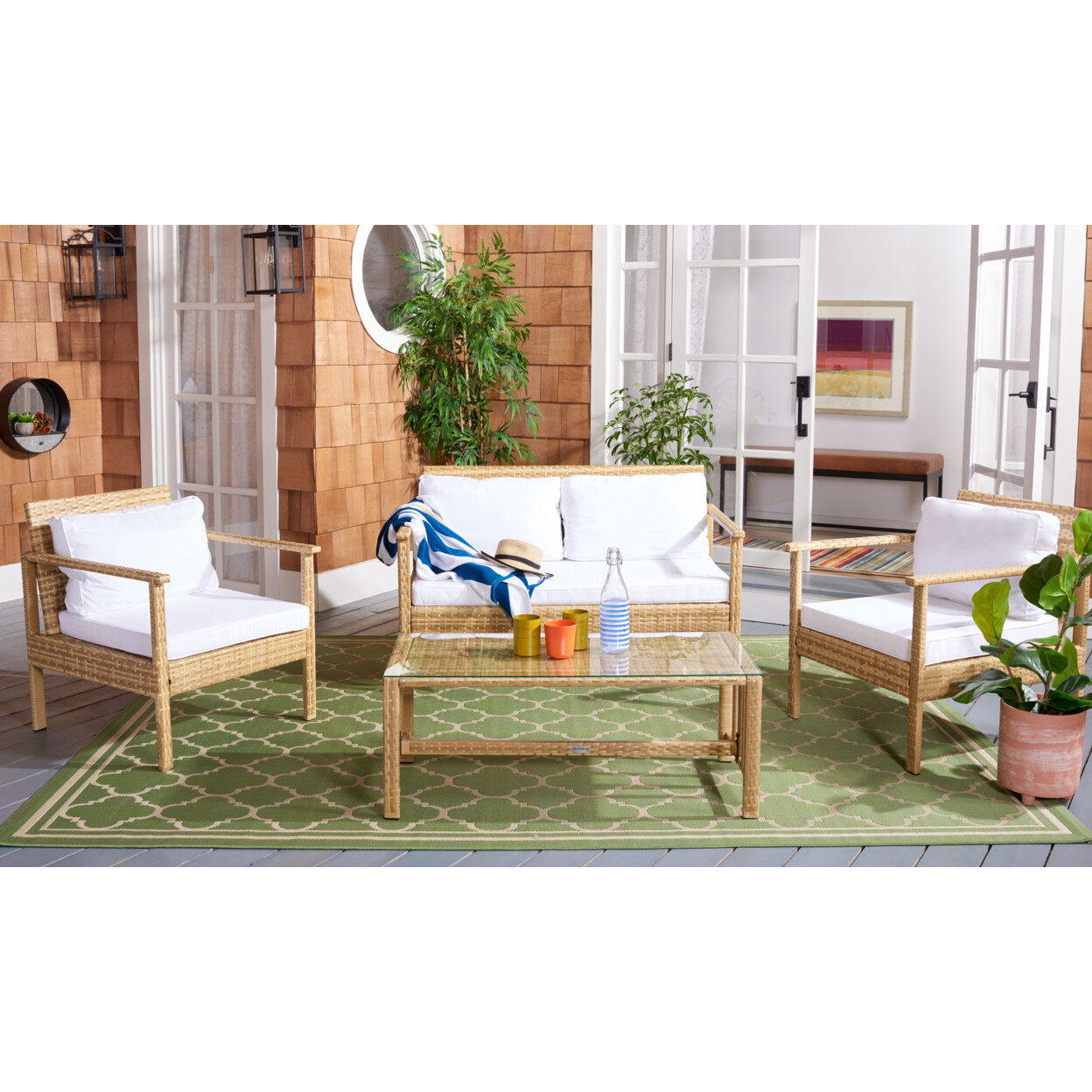 SAFAVIEH Outdoor Collection Garnen 4-Piece Patio Set | Natural/White Cushion |