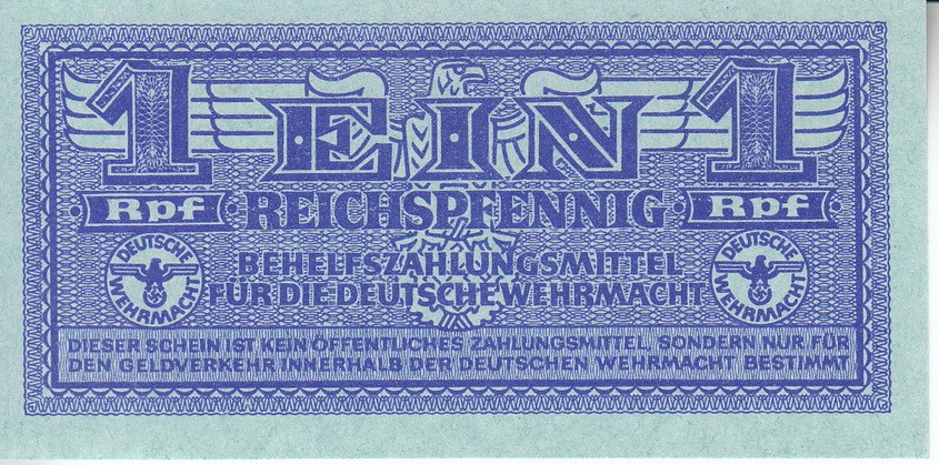 Currency Germany 1942 WW2 Wehrmacht Fascism War Era Eine 1 Blue Uncirculated