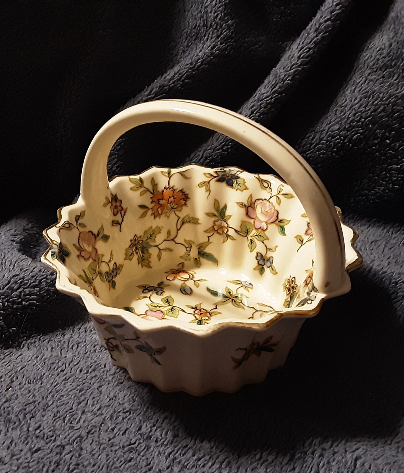 Hand Painted Porcelain Flower Basket, Japan, 4.5 tall