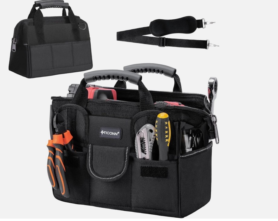 TICONN Heavy Duty Tool Bag with Multi-Pockets, 12" Standard Base, Black