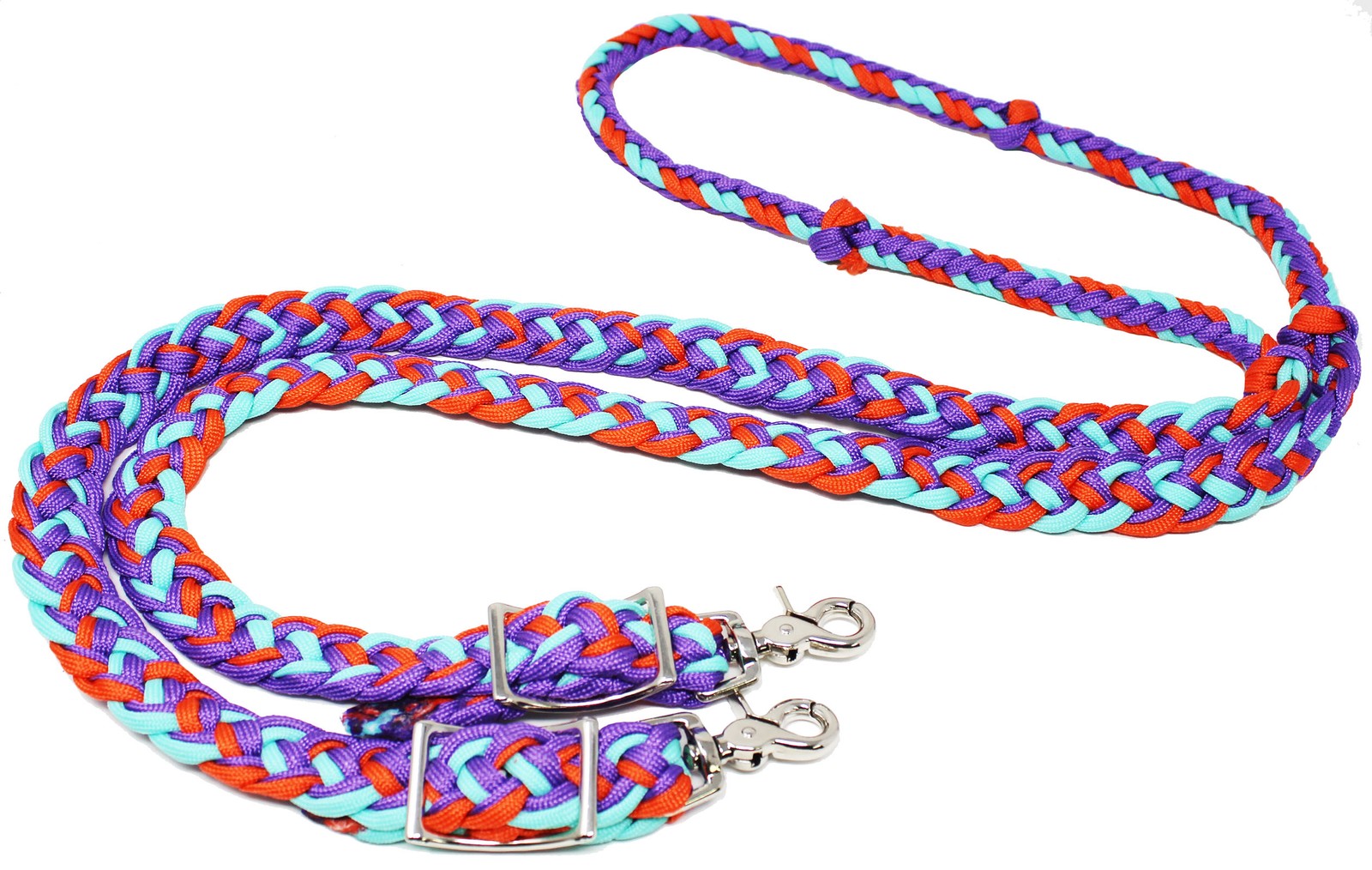 Horse Western Nylon Braided 8 Ft. Knotted Roping Barrel Reins Purple Teal Orange