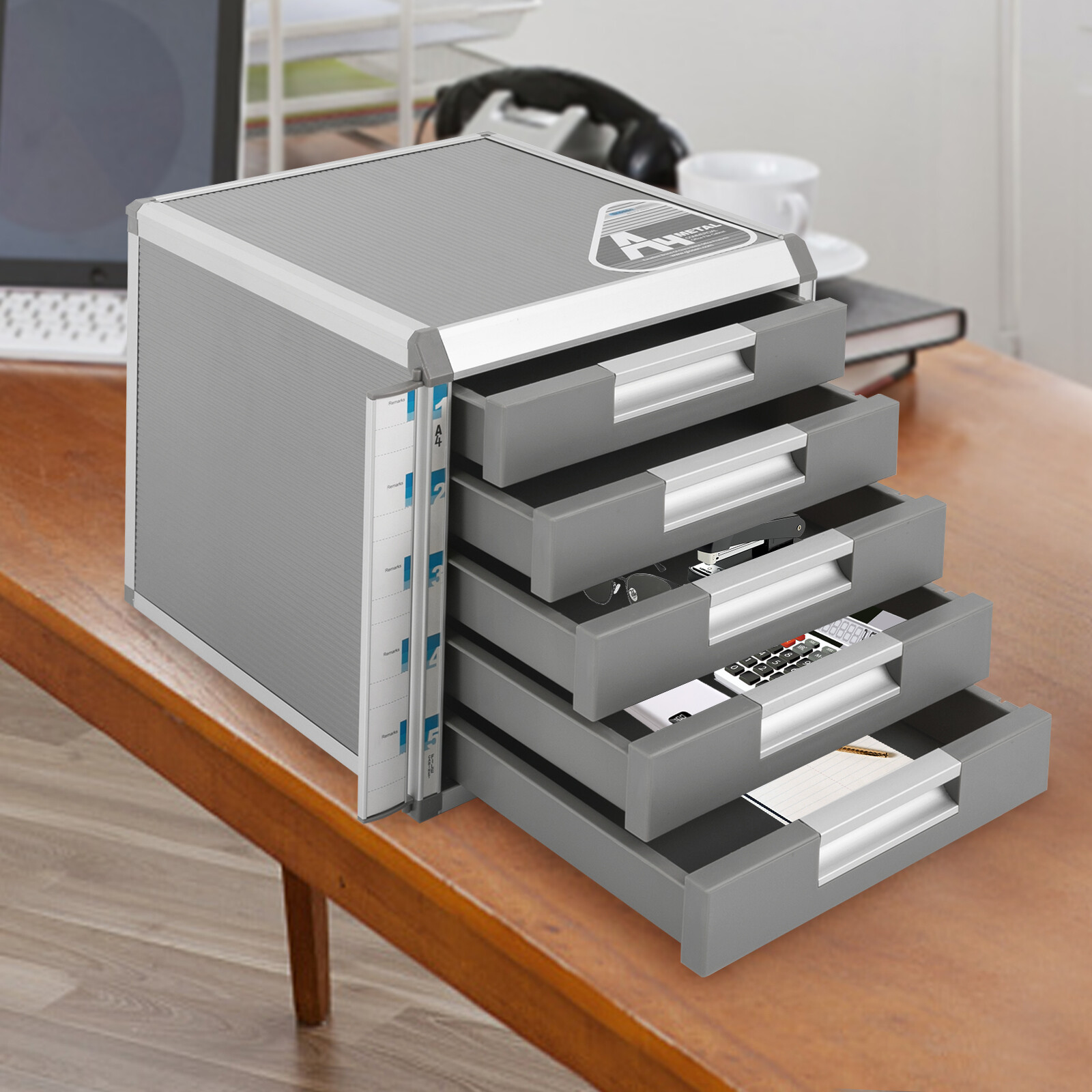 Lockable Aluminum Alloy File Organizer with 5 Drawers for Desktop Storage