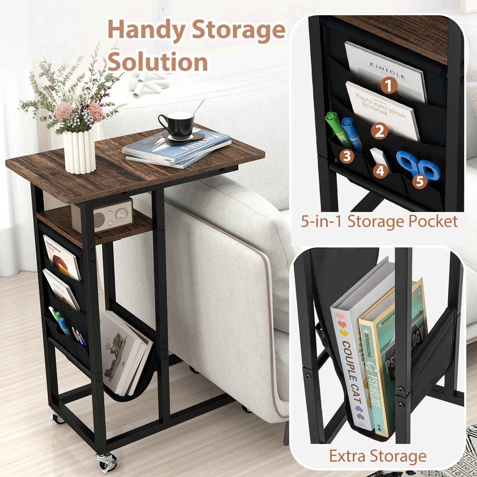C-shaped End Table w/ Charging Station Rolling Bedside Table Couch Side Table