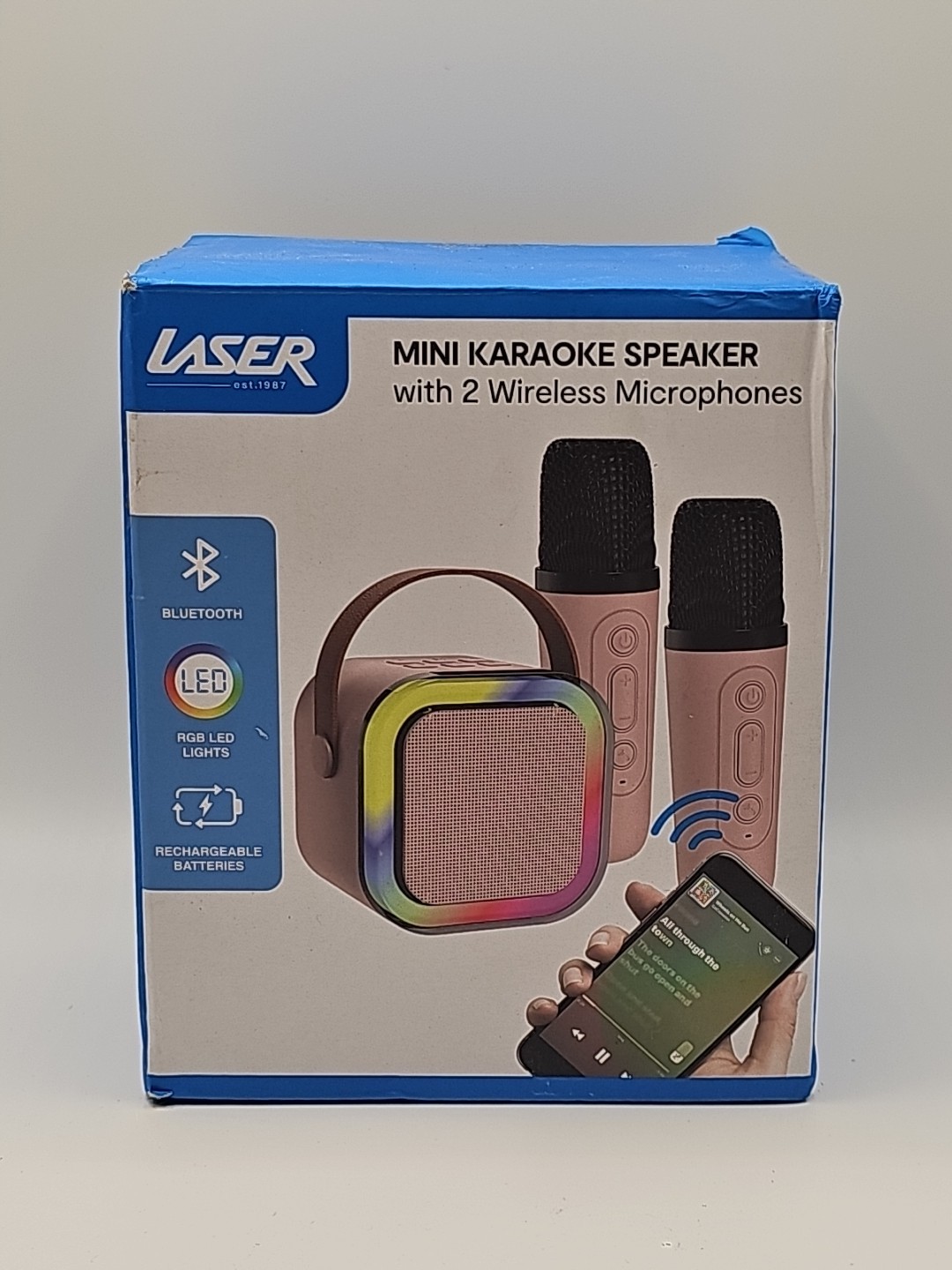 Laser Mini Karaoke Speaker 2 Wireless Mics Bluetooth Pink