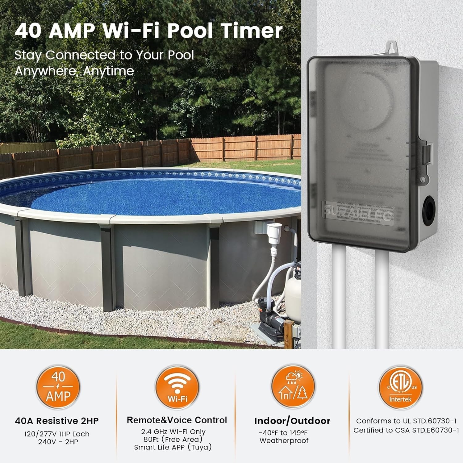 Outdoor Pool Timer Switch: 40A, WiFi Control, Listed
