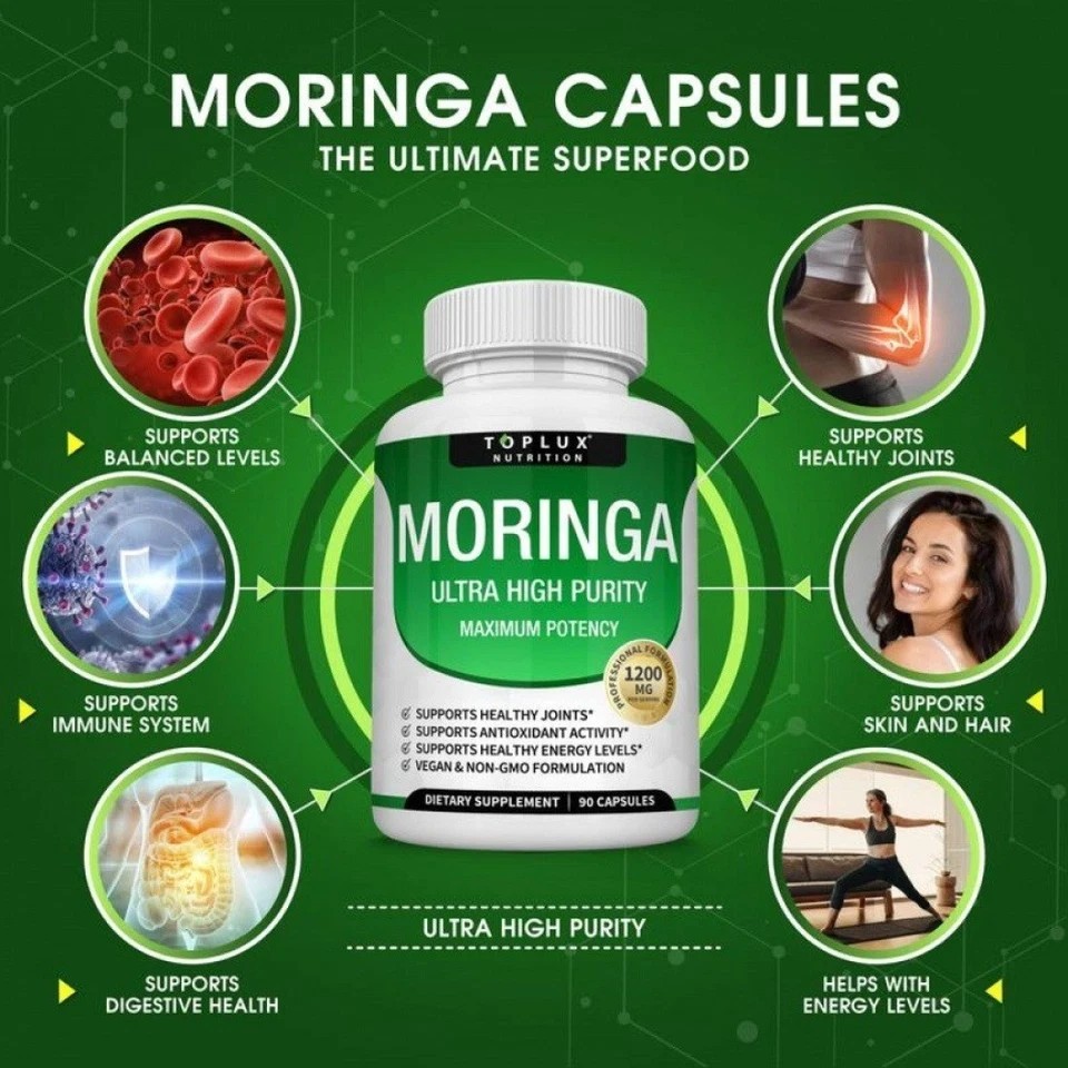 TOPLUX Moringa Capsules 1200mg Pure Moringa Powder Immune Gut health 90 Capsules