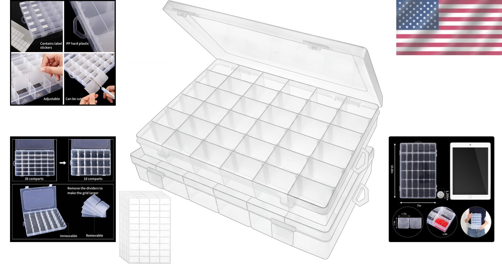 Adjustable 36 Grid Jewelry Storage Box - 2 Pack for Crafts and Accessories