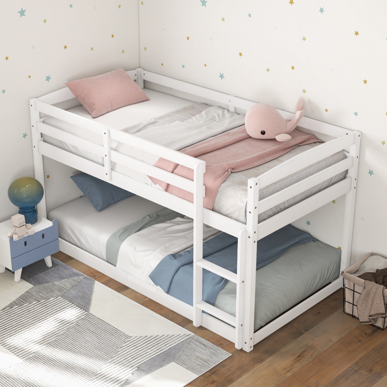 Twin over Twin Low Bunk Bed with Guardrails Integrated Ladder Kids Wooden White