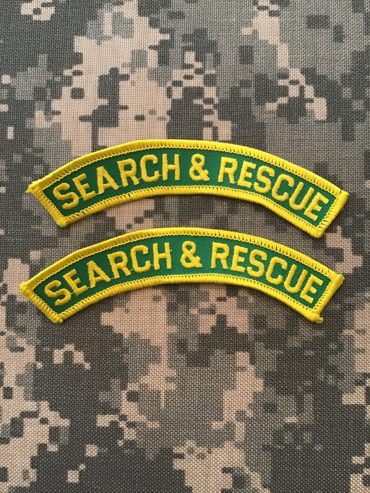 Lot Of 2 “Search & Rescue” 7/8” X 5” Rocker Patch Tabs Green / Gold JJ-3