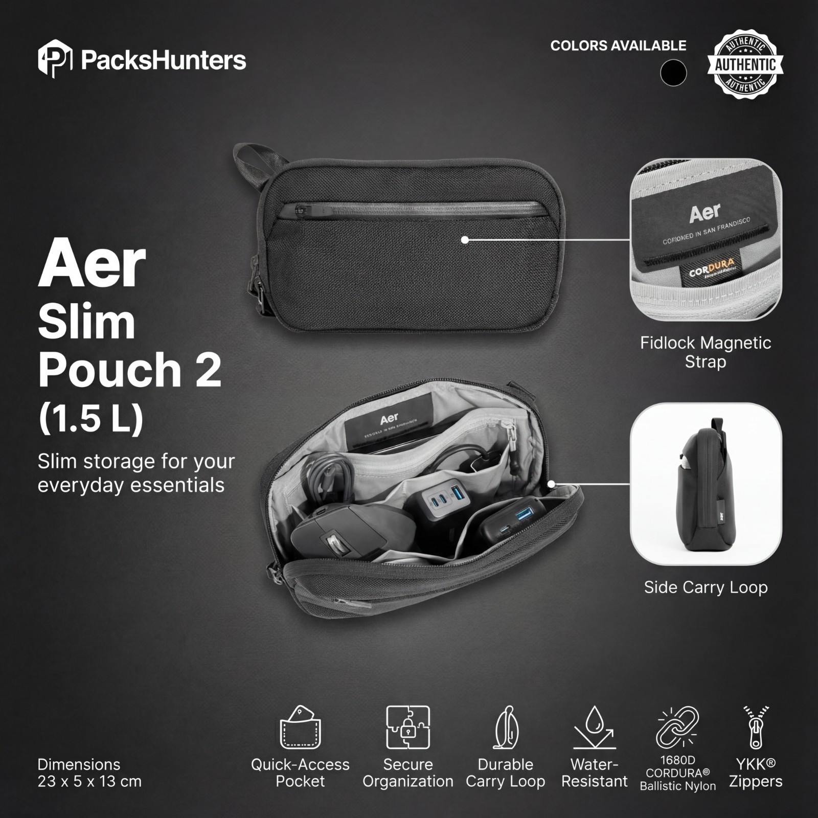 Aer Slim Pouch 2 Black Tech Organizer Cordura Cable Bag 1.5L Travel Pouch