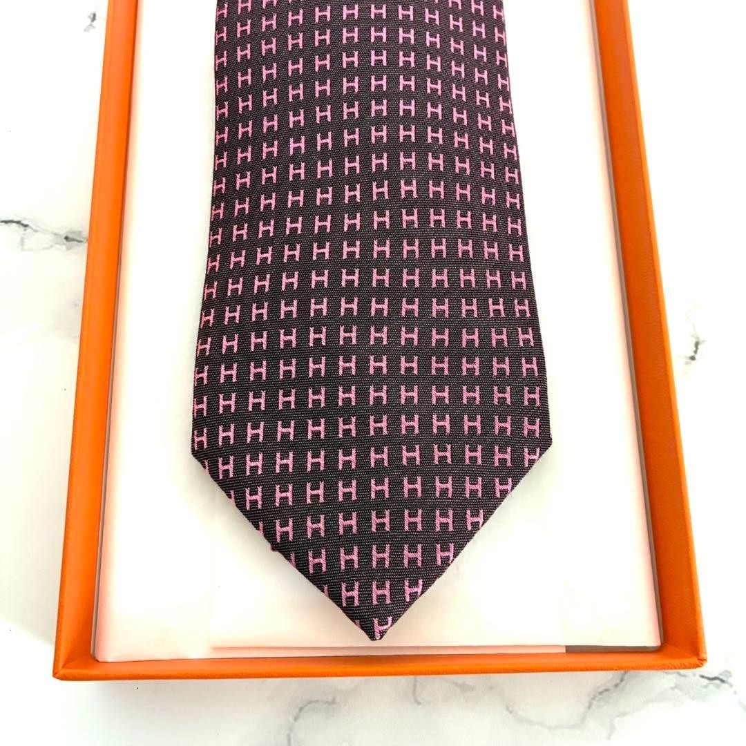 Hermes H Pattern Silk Necktie Purple Used Elegant Condition