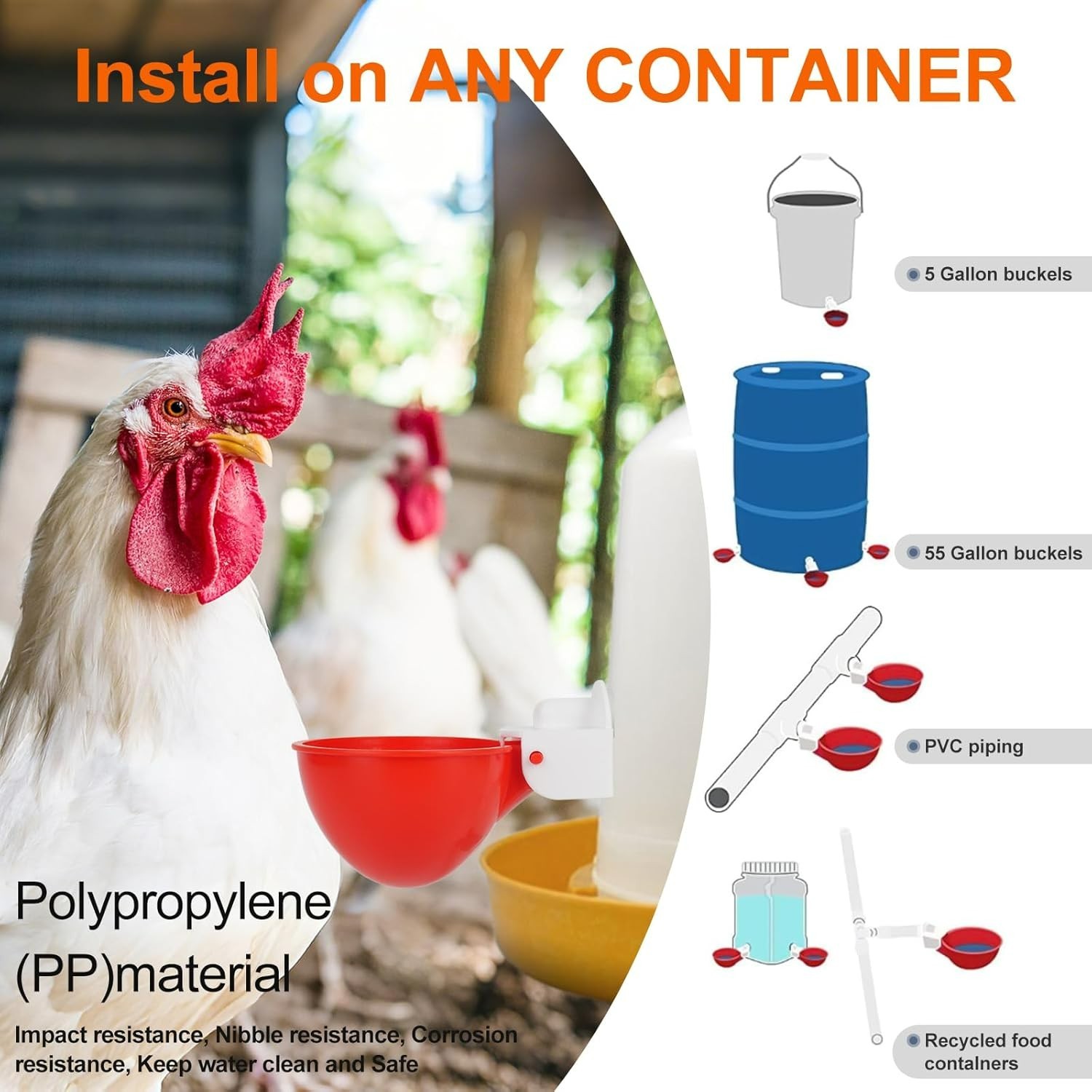 6 Pack Automatic Chicken Waterer Cups Poultry Water Feeder with Drill Kit