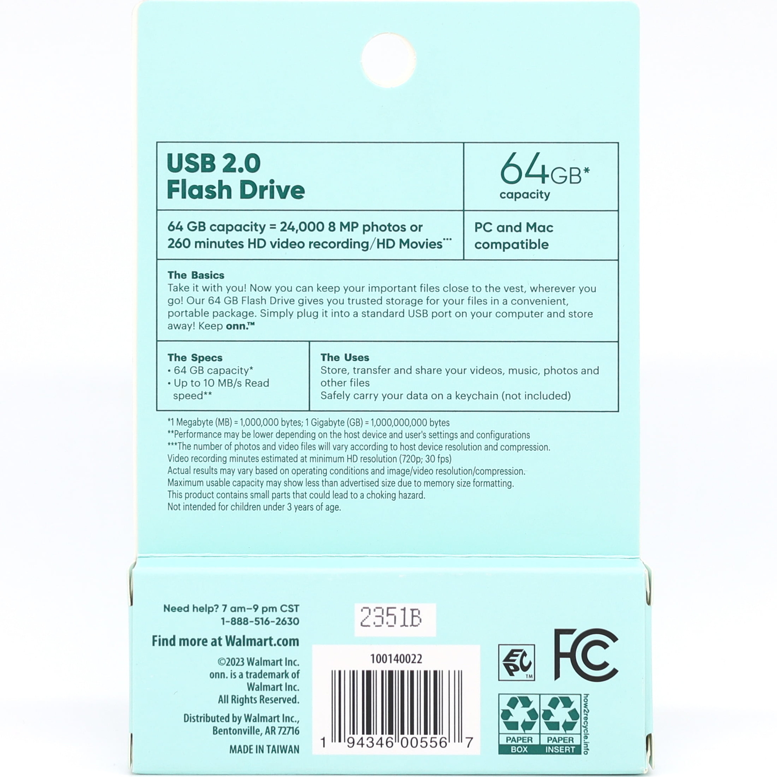 onn. USB 2.0 Flash Drive for Tablets and Computers, 64 GB Capacity