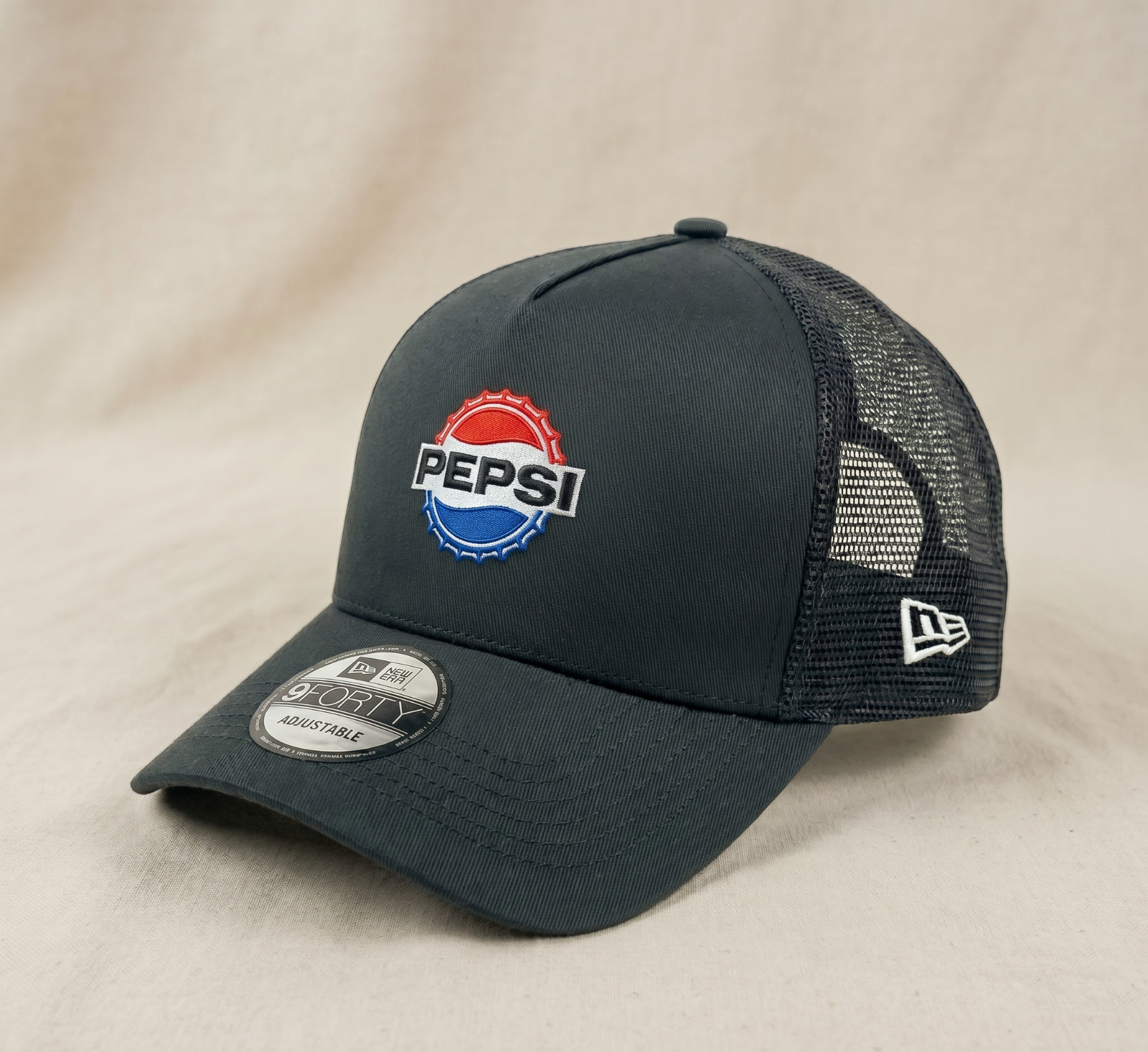 Pepsi Cola Embroidered Logo Hat 9FORTY Trucker Cap Retro Soda Black