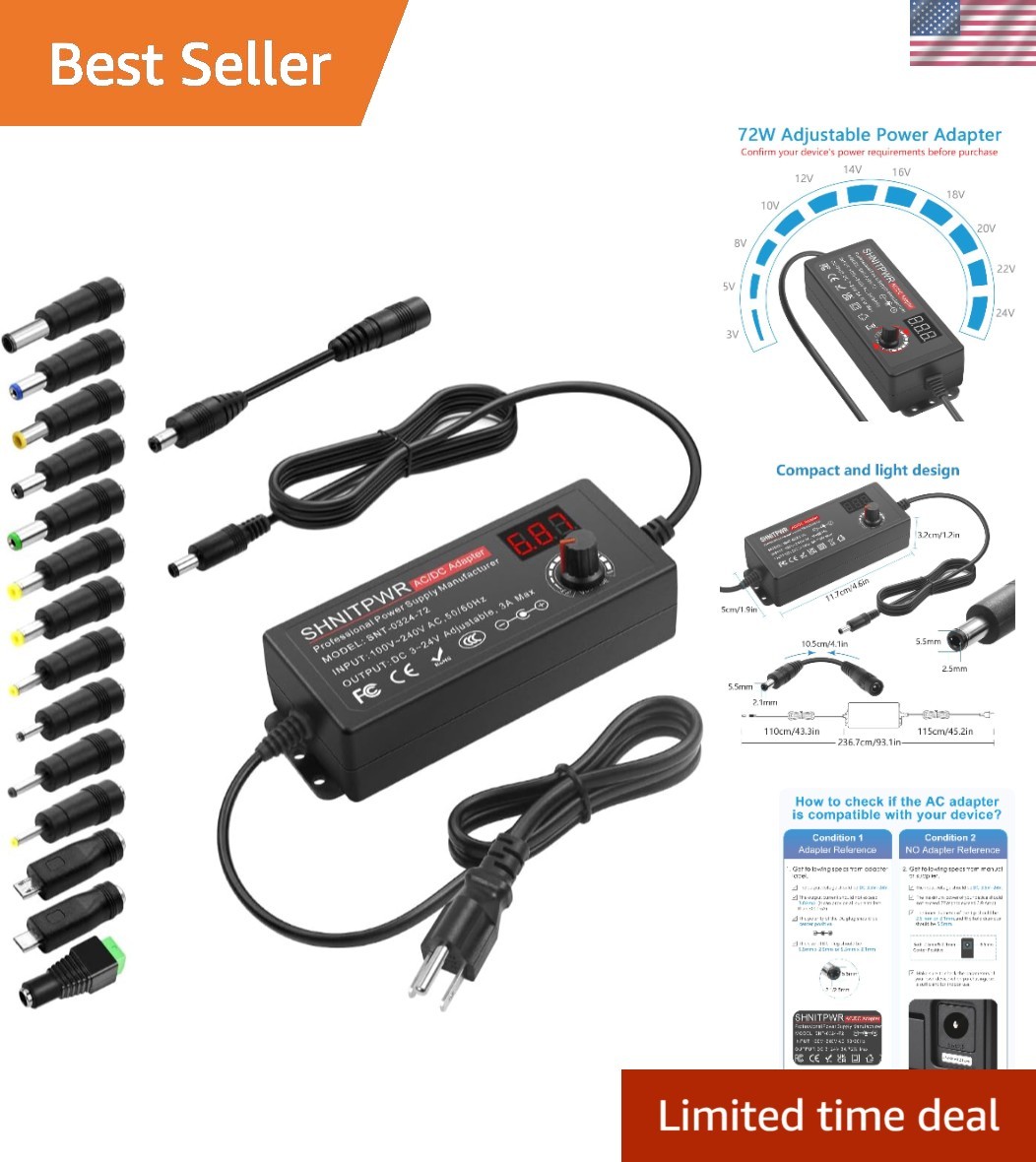 Adjustable Voltage 3V-24V Power Supply - 72W, Wall-Mounted with Safety Features