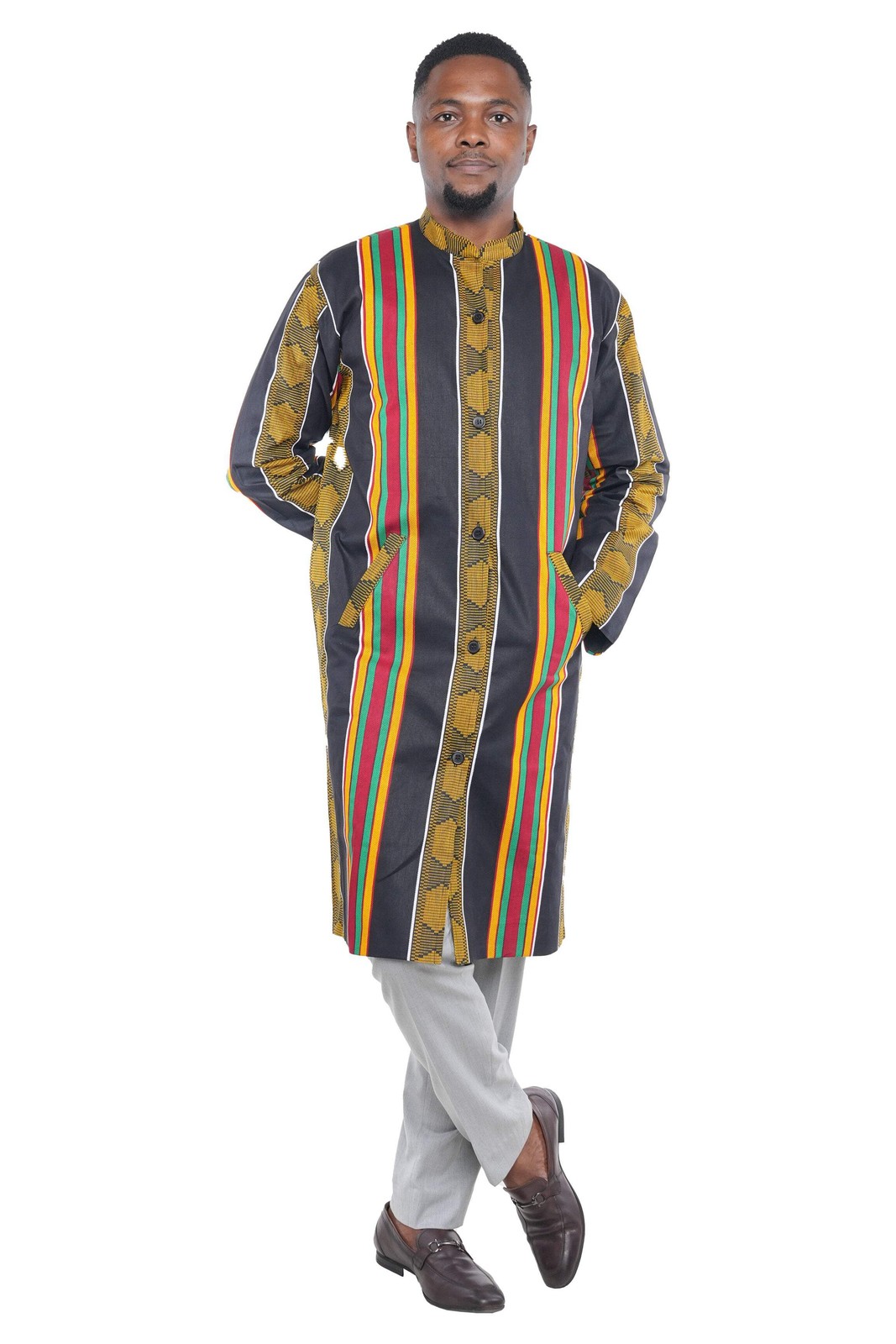 African Kente Print Long Trench Coat for Men, 100% Cotton, Lined Jacket