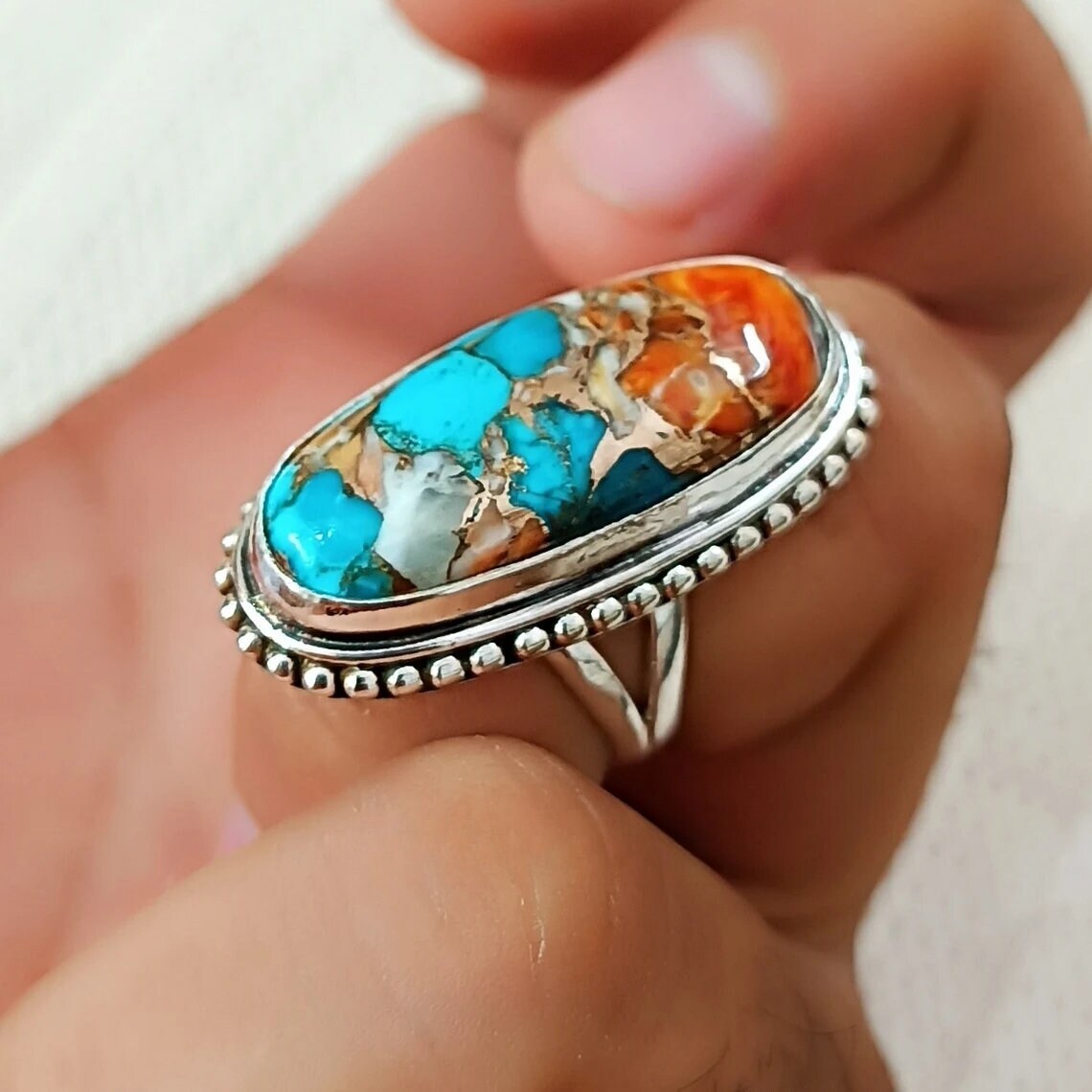 Oyster Copper Turquoise Gemstone 925 Sterling Silver Handmade Ring All Size