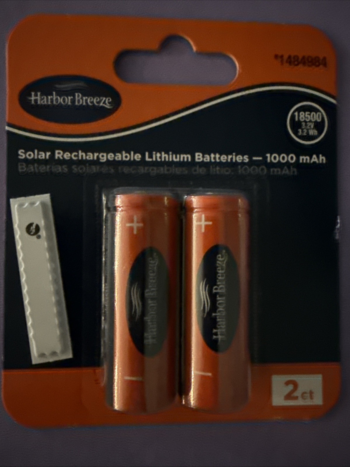 Harbor Breeze 1000mAh Solar Rechargeable 18500 3.2V Batteries 2 Pack