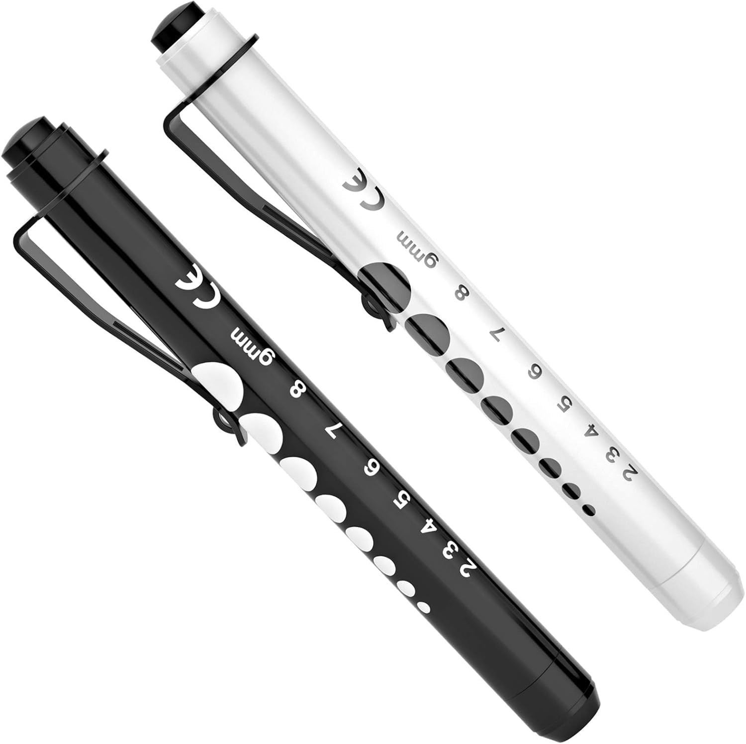 Durable LED Pen Light for Nurses, 2-Pack with Pupil Gauge & Ruler - Black/White