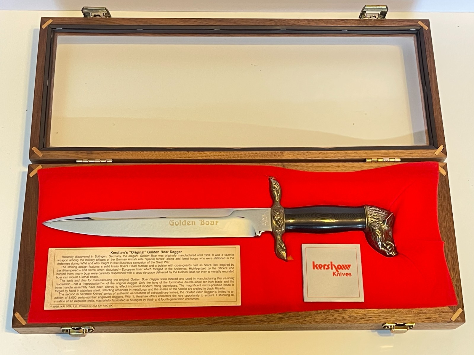 Kershaw Knives Golden Boar LE#3703 Knife Dagger Wooden Display Case w/Cert. 1990